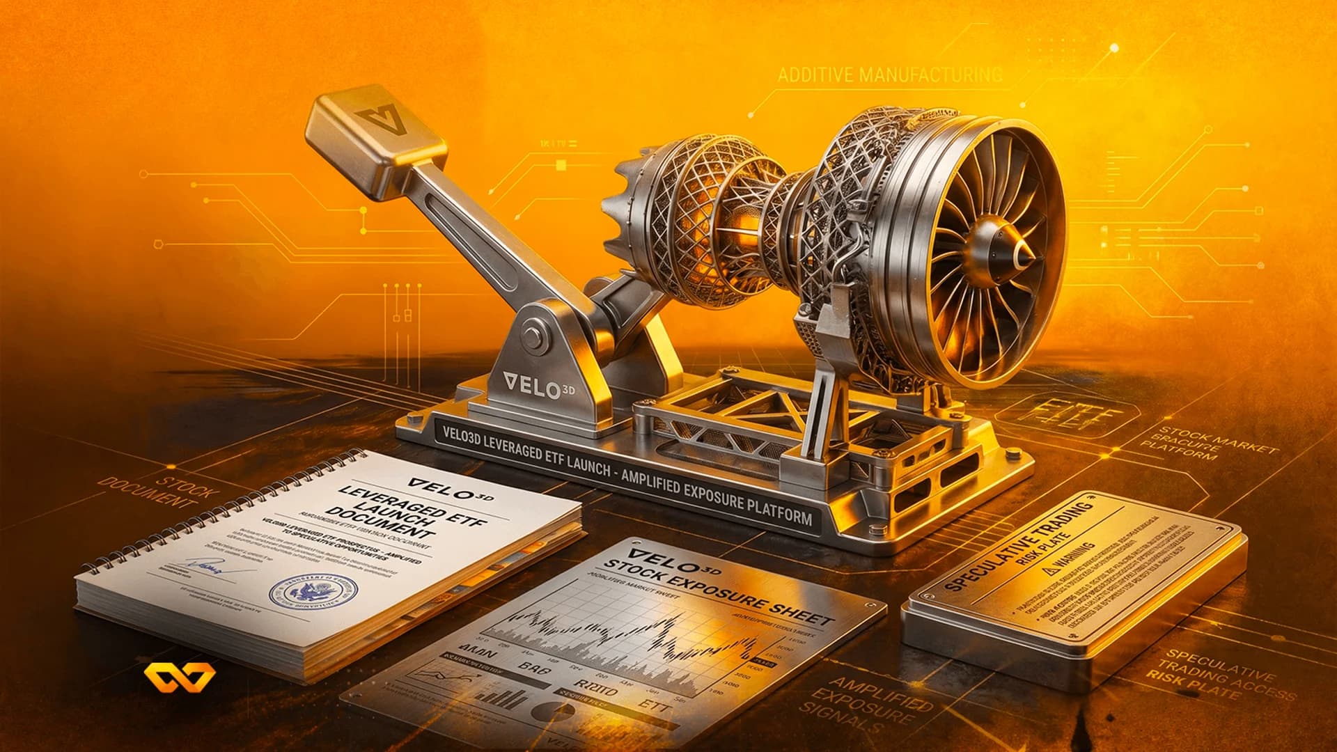 A 3D-printed jet engine model on a metallic lever stand, with financial documents and a stock chart on a dark surface.