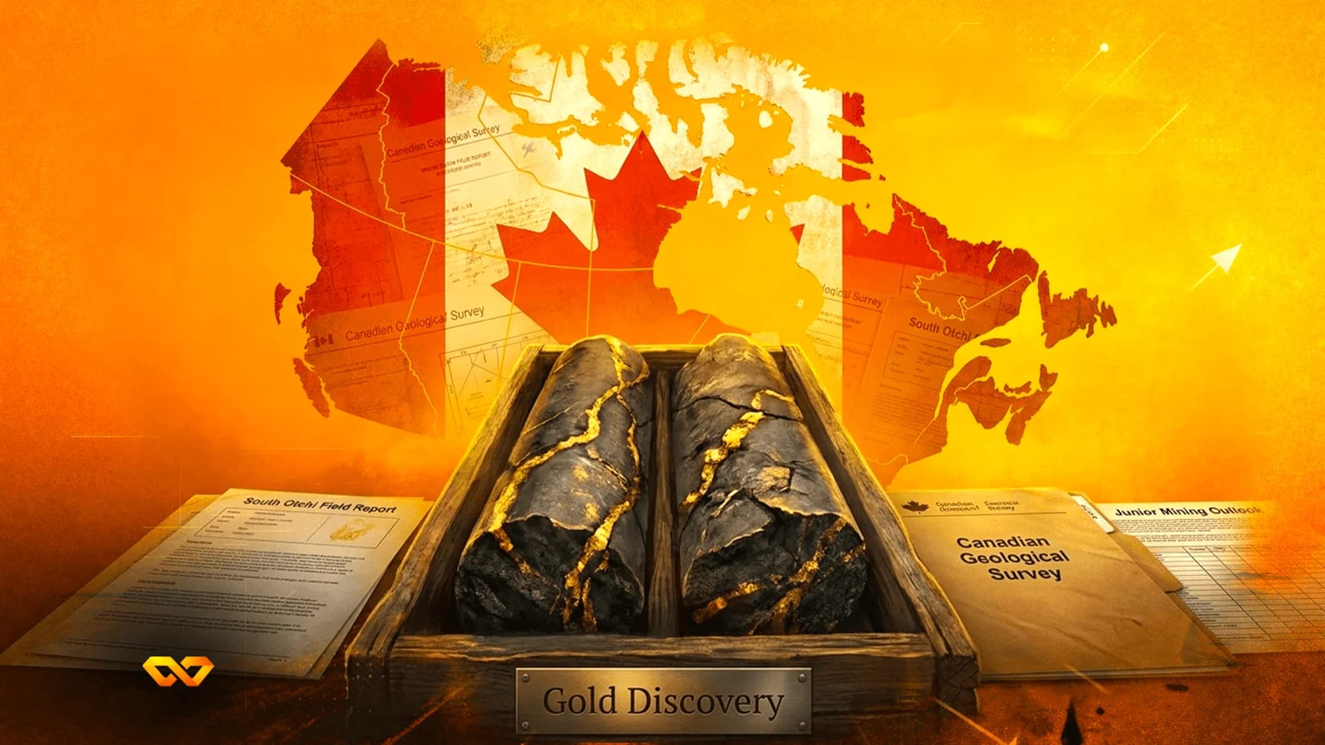 Core samples with gold veins in a wooden box labeled 'Gold Discovery' against a Canadian flag and map background.
