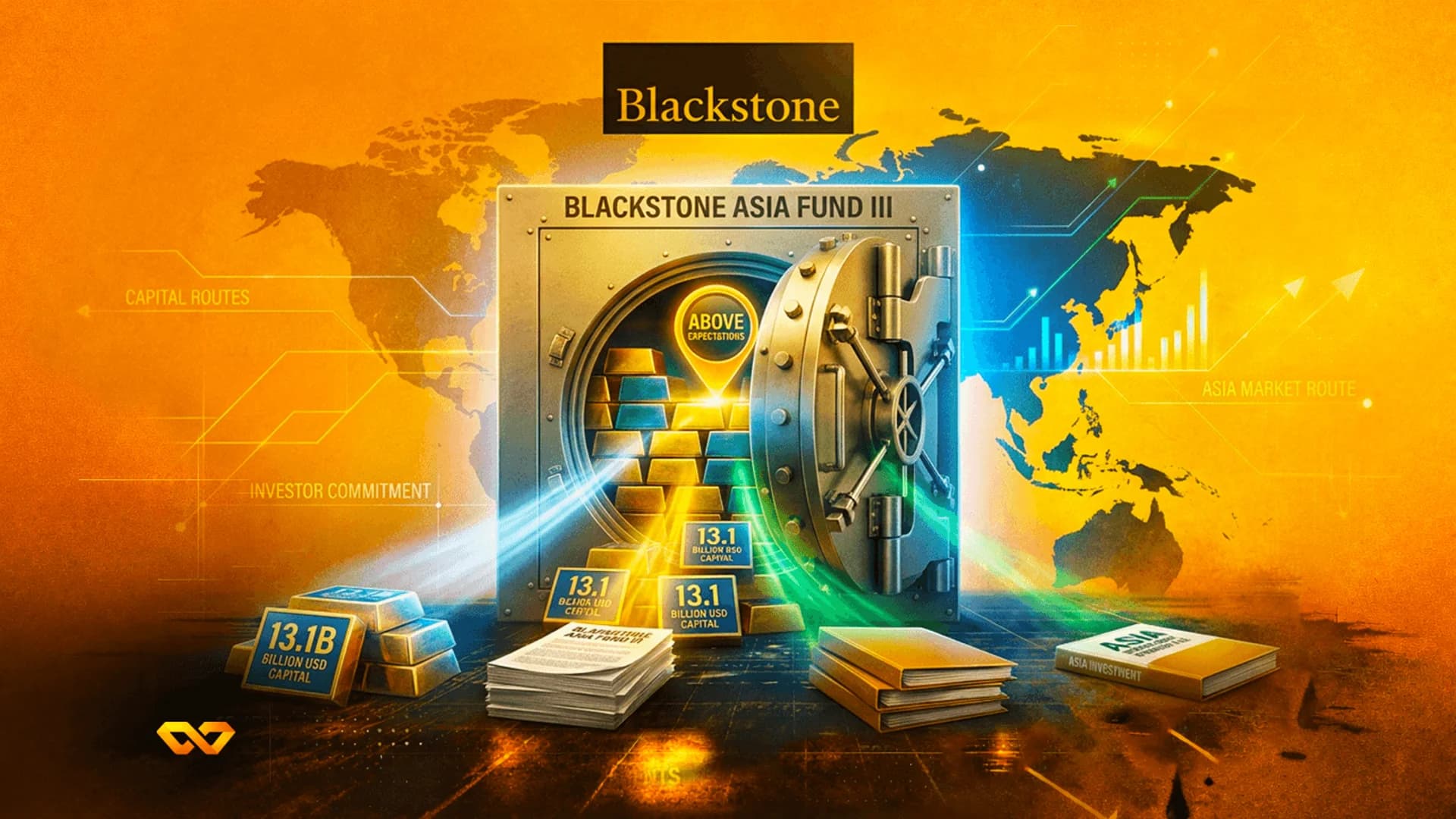 رسم توضيحي لخزنة مكتوب عليها Blackstone Asia Fund III مليئة بسبائك الذهب أمام خريطة العالم.