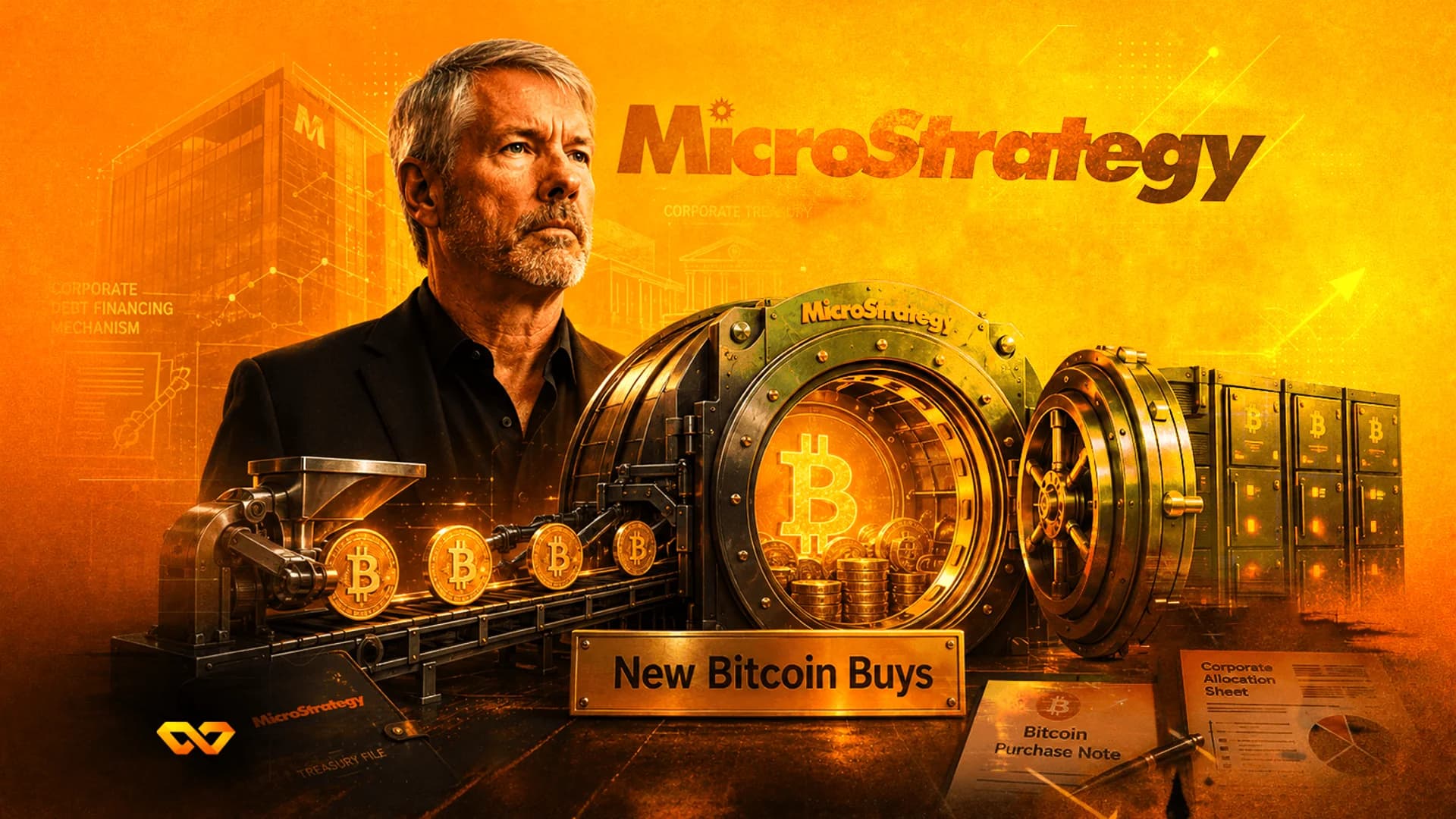 Michael Saylor portrait with a MicroStrategy logo, a vault of Bitcoin, and a conveyor belt of gold coins.