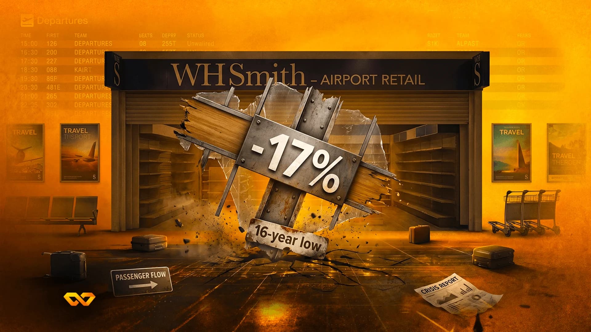 A damaged WHSmith airport store with a large -17% sign and '16-year low' text amidst debris in an orange-toned airport.