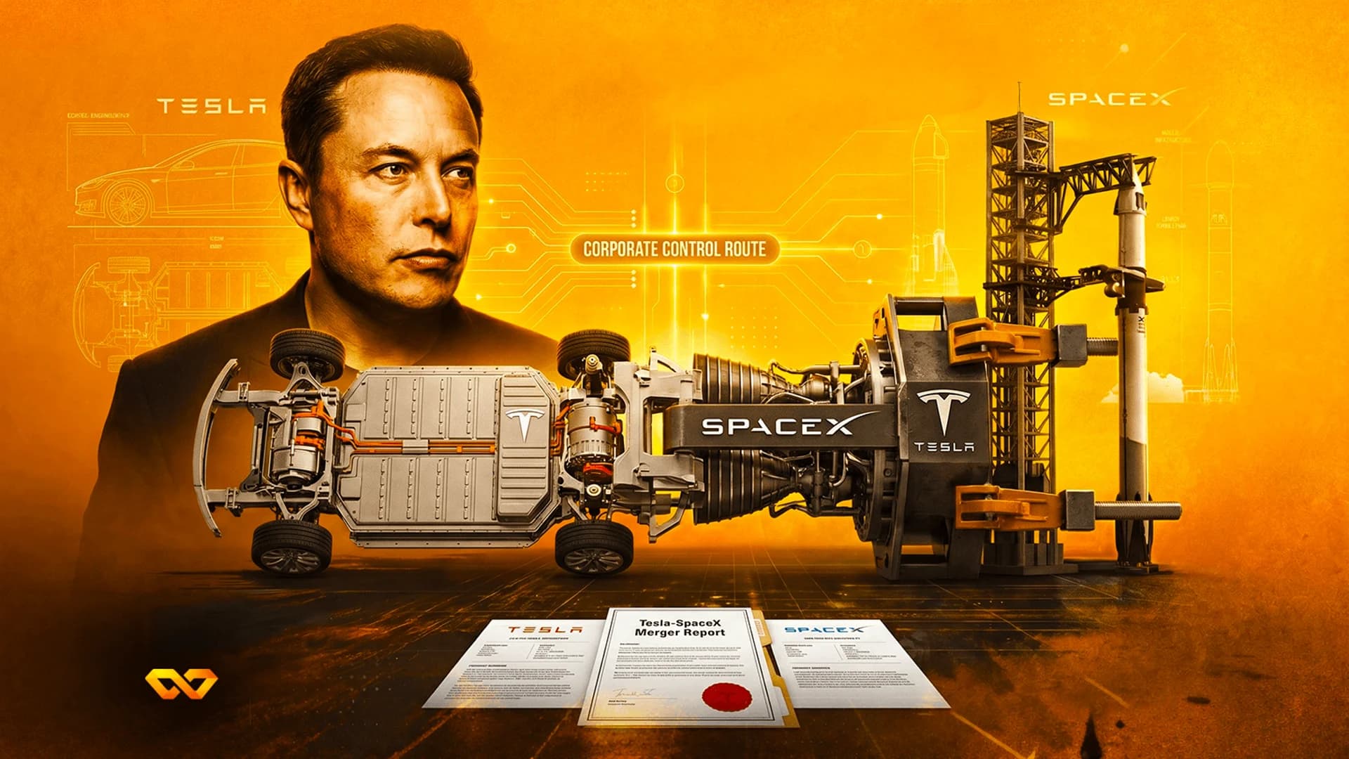 Elon Musk portrait with a hybrid Tesla car chassis and SpaceX rocket components on an orange background.
