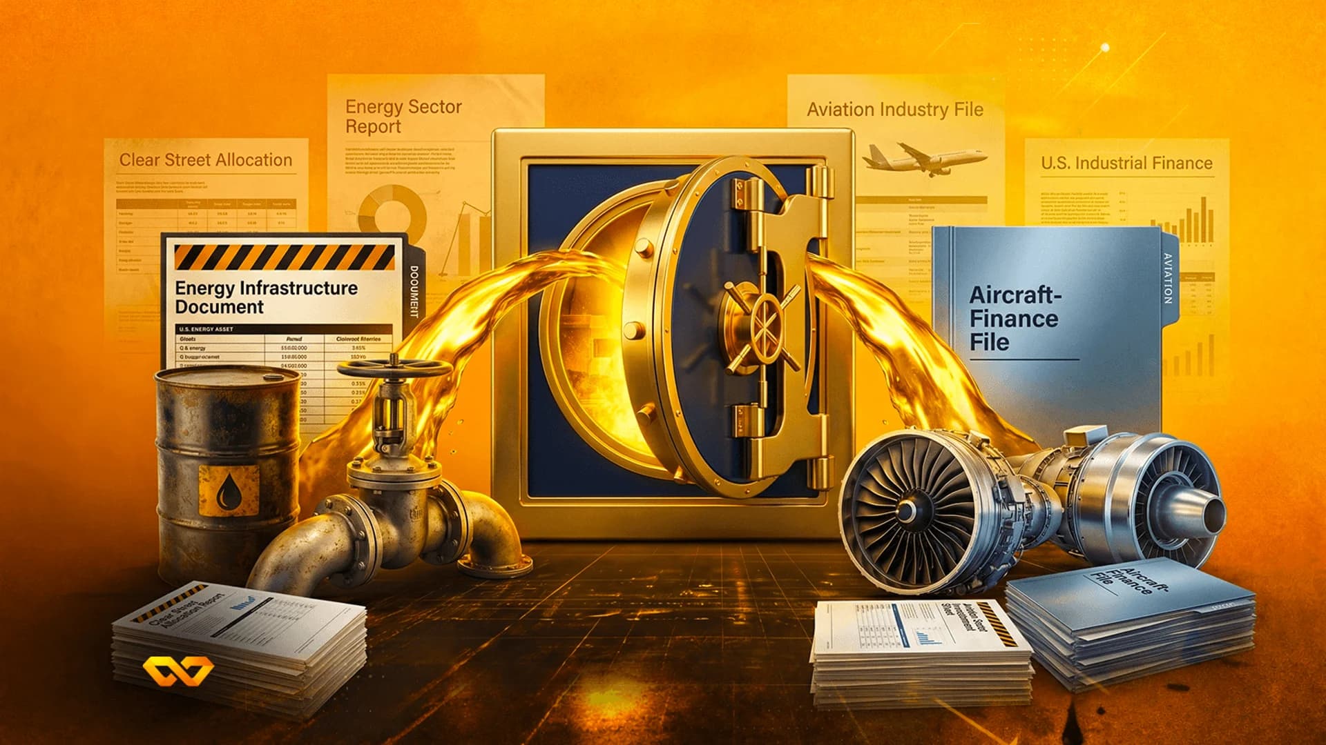 Open golden vault with liquid gold flowing onto oil pipes and jet engines, surrounded by financial reports.