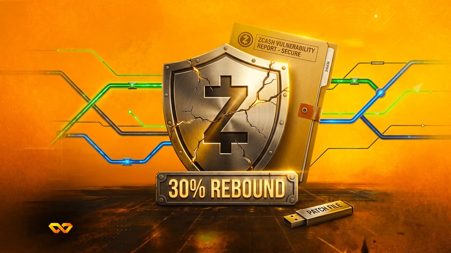 درع معدني متصدع عليه شعار Zcash، ومجلد تقرير ثغرات، ولوحة مكتوب عليها 30% REBOUND.