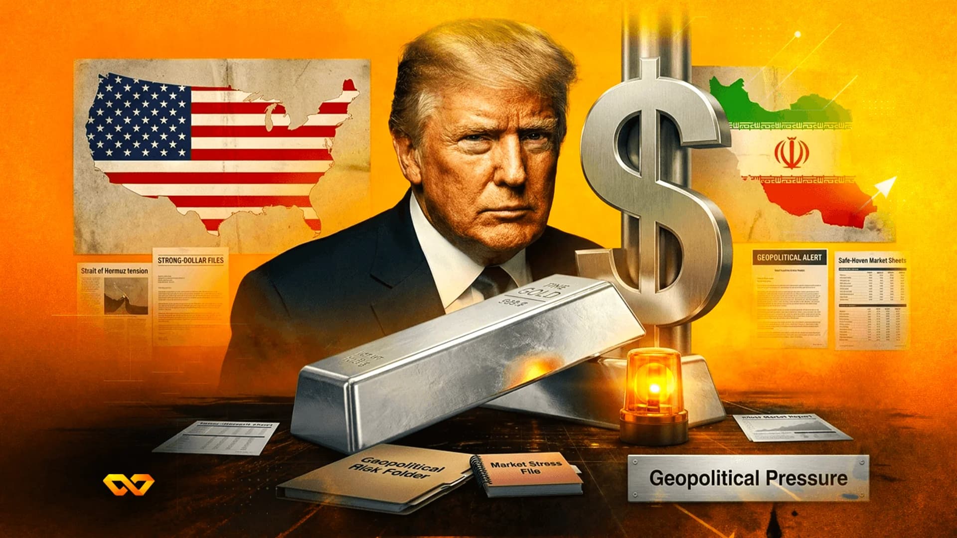 Donald Trump portrait centered between US and Iran maps, with a dollar sign, gold bar, and risk-related documents.
