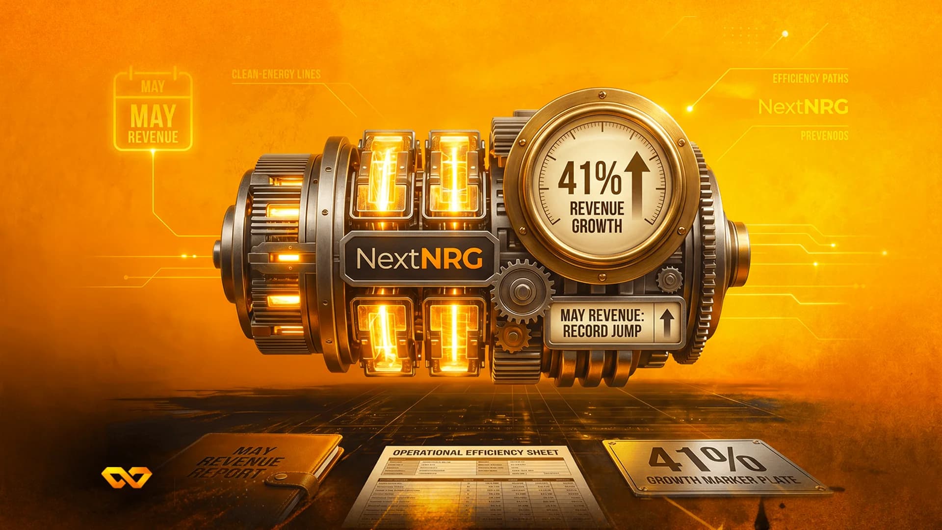 Steampunk-style machine with glowing orange lights, a 41% revenue growth gauge, and NextNRG logo on an orange background.