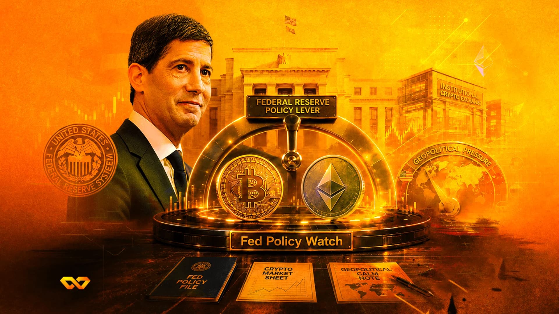 Collage of a man in a suit, Bitcoin and Ethereum coins, a Federal Reserve seal, and a policy lever on an orange background.