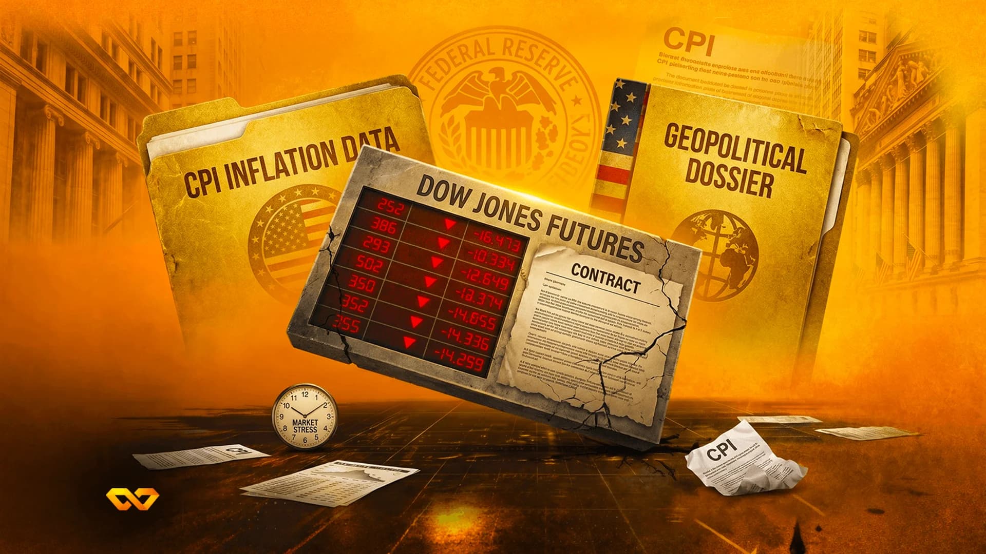 Folders for CPI data and geopolitical dossiers surround a Dow Jones futures tablet showing negative red numbers.
