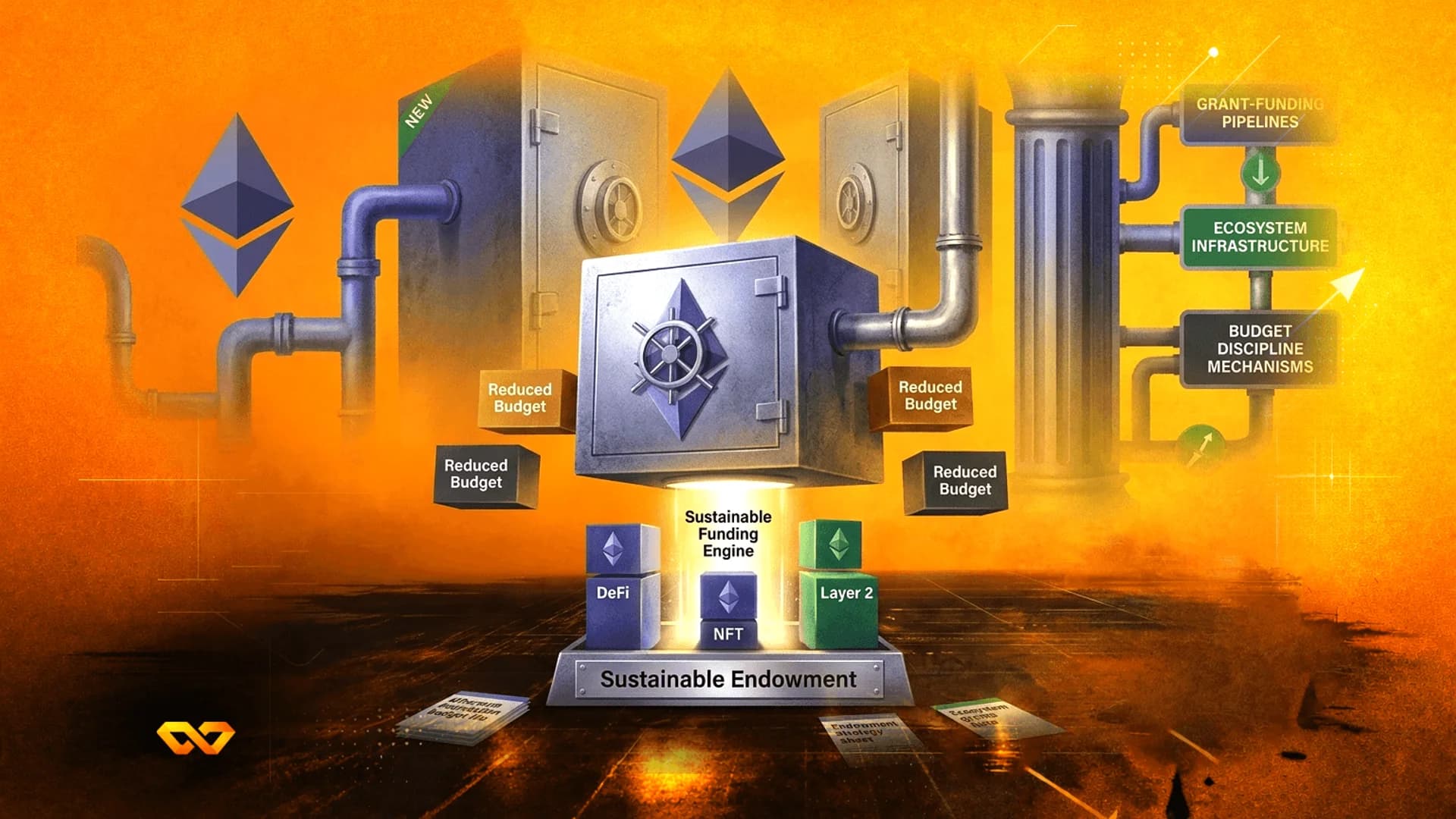 رسم توضيحي لخزنة معدنية تحمل شعارات إيثيريوم، متصلة بأنابيب بمكونات الميزانية والتمويل.