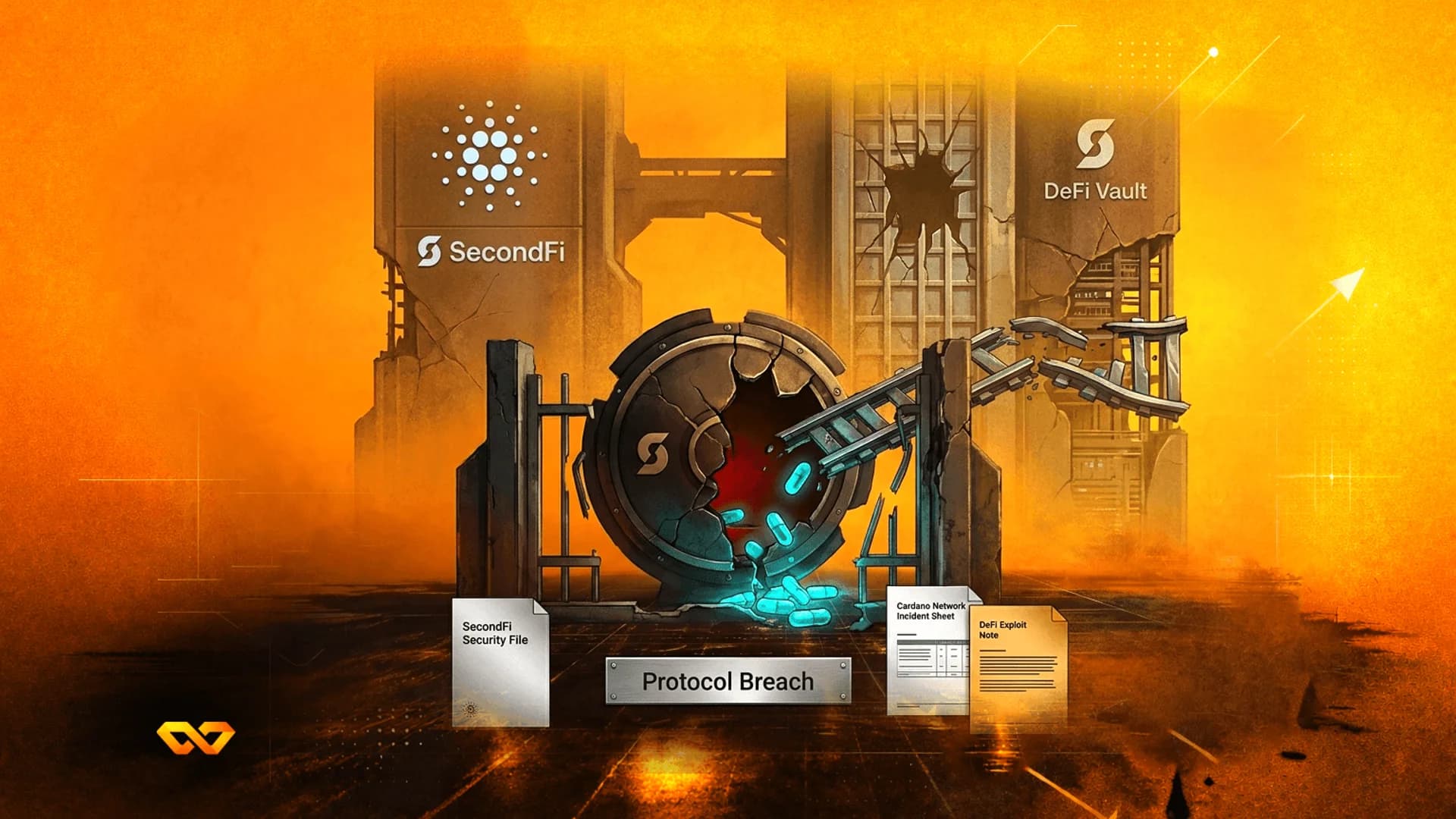 Illustration of a damaged building and broken vault with Cardano and SecondFi logos, labeled Protocol Breach.