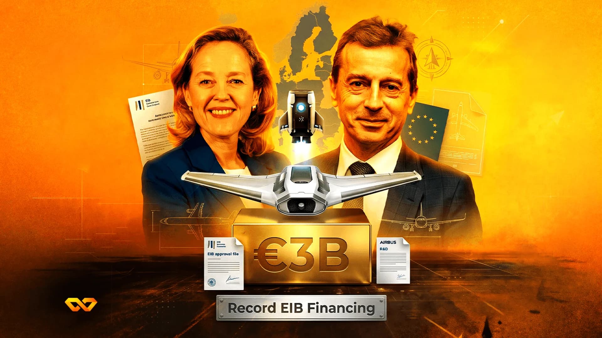 Collage of Nadia Calviño and Guillaume Faury with a futuristic jet, a gold €3B block, and EIB financing documents.