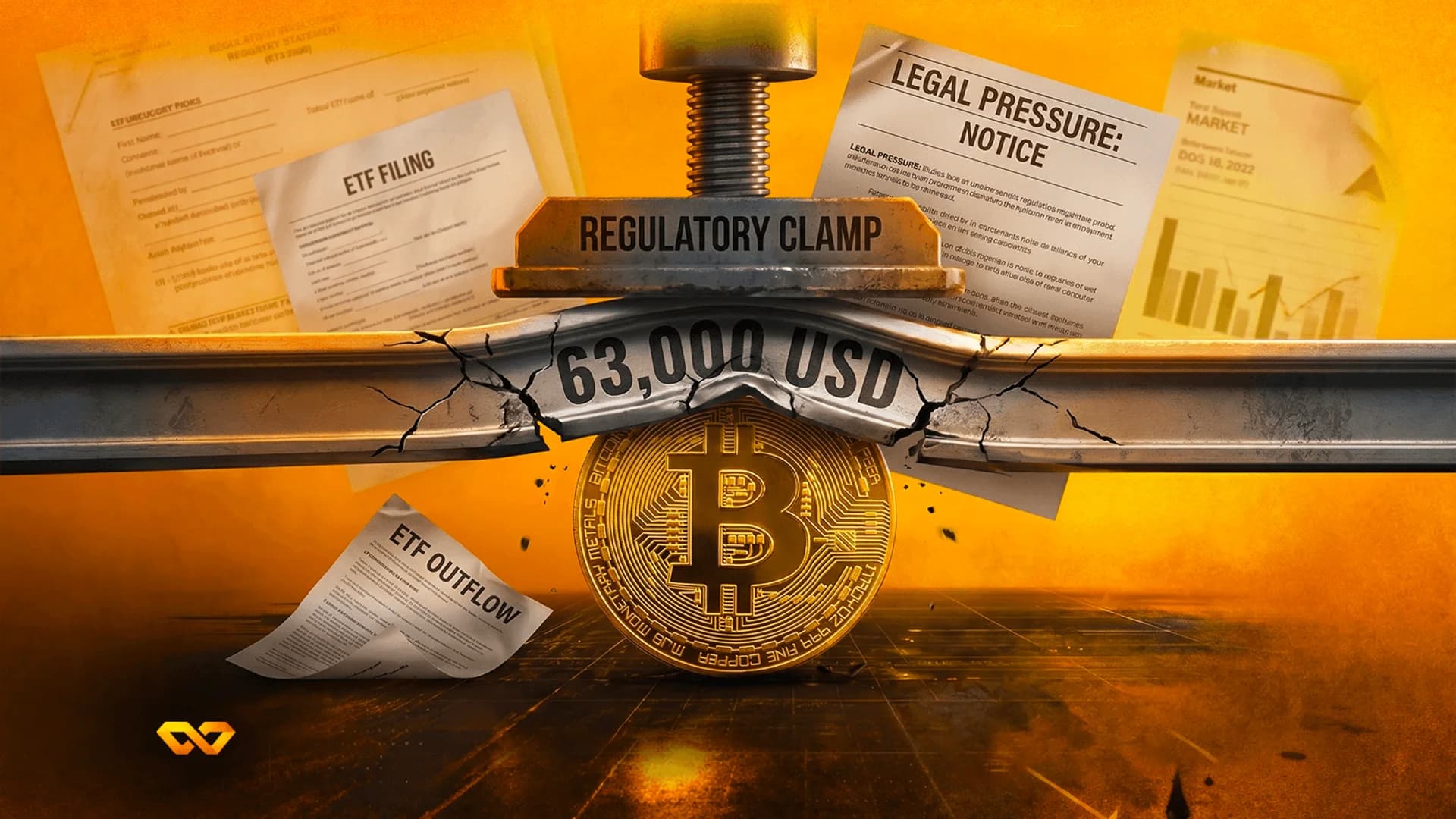 A gold Bitcoin coin being crushed by a metal clamp labeled 'Regulatory Clamp' over a cracked bar reading '63,000 USD'.