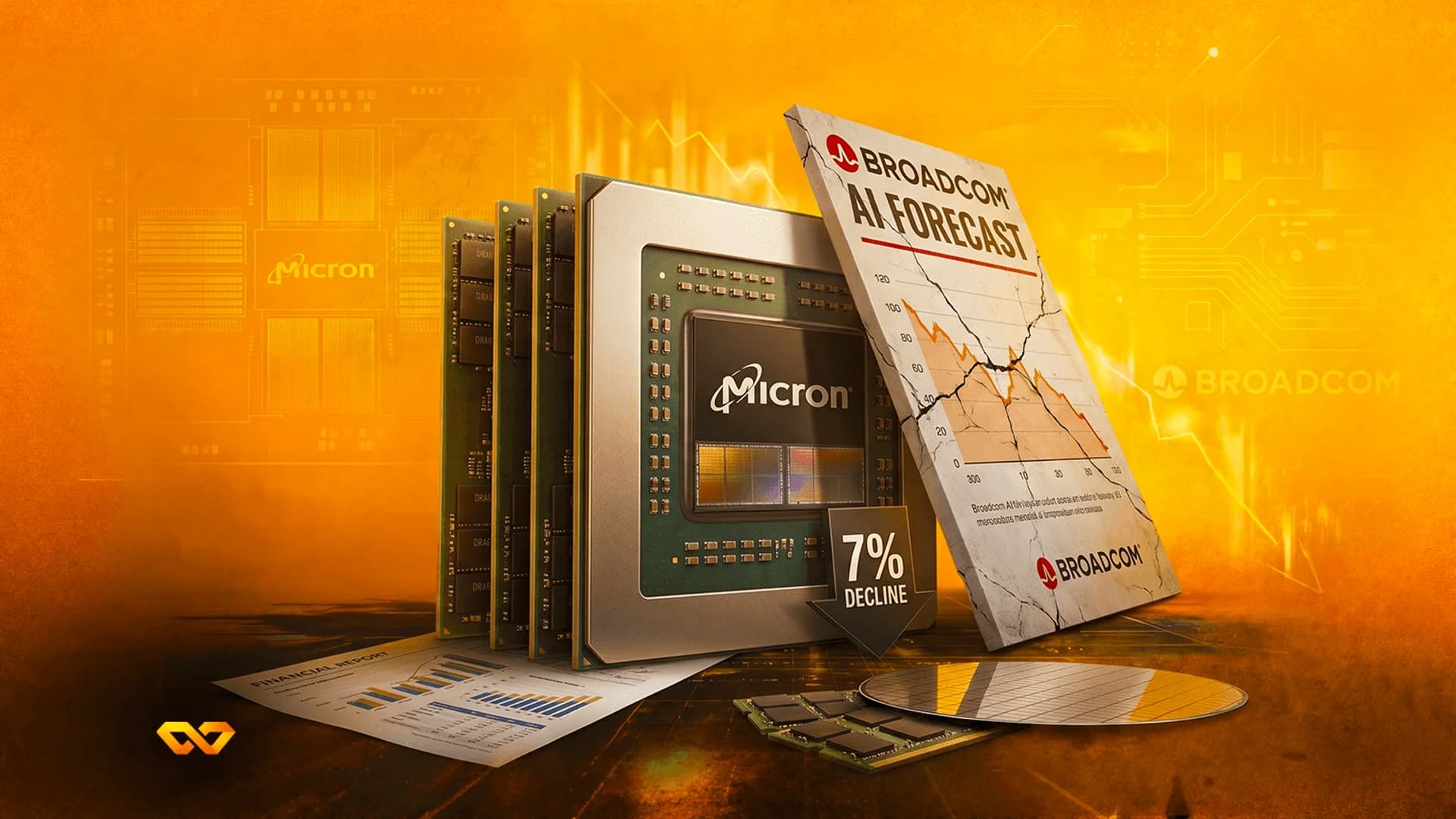 Micron processor chips and Broadcom AI forecast document with a declining chart on an orange background.