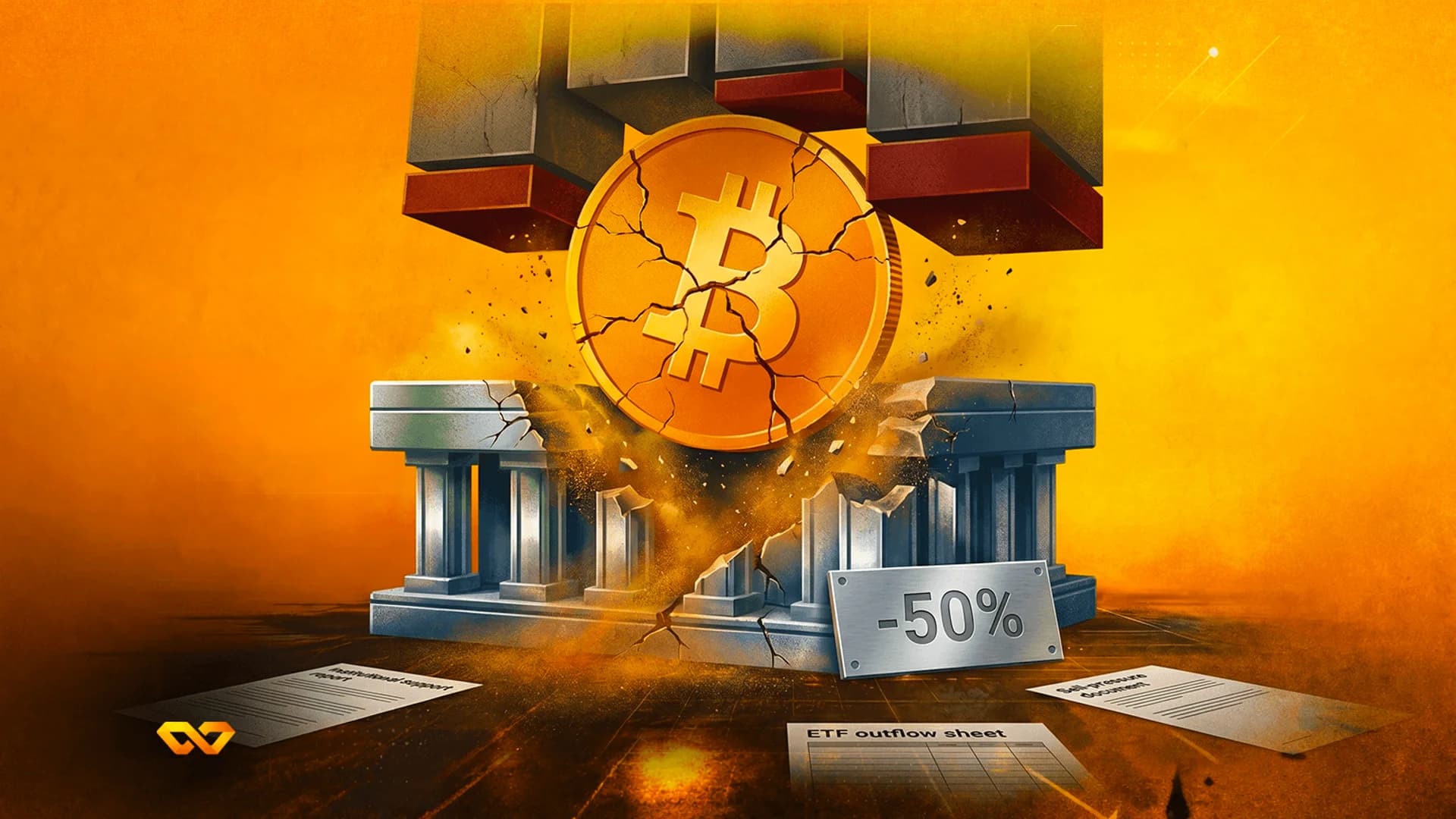 A cracked Bitcoin coin being crushed between a heavy press and a crumbling classical building with a -50% sign.