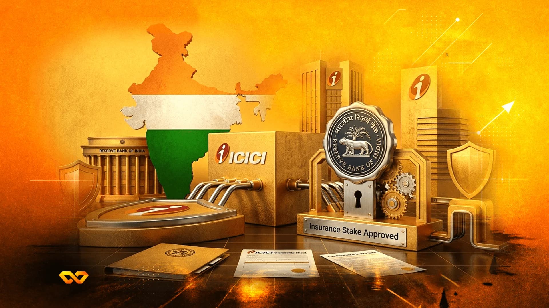 رسم توضيحي رقمي لشعاري بنك ICICI وبنك الاحتياطي الهندي مع خريطة للهند على خلفية ذهبية.