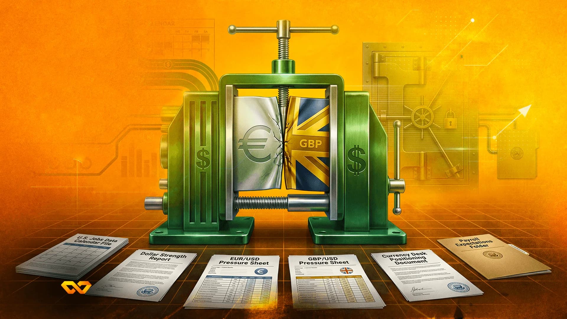 Green industrial press with dollar signs squeezing Euro and GBP blocks, surrounded by financial documents on a grid.