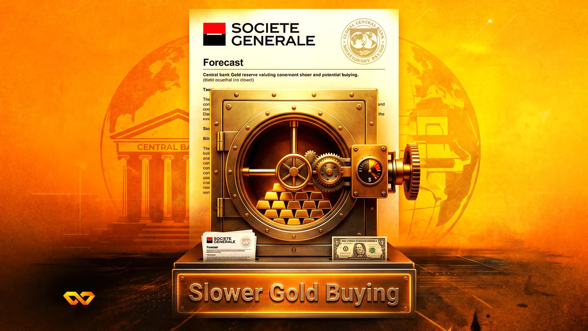 A golden vault containing gold bars, set against a background with the Societe Generale logo and a globe.