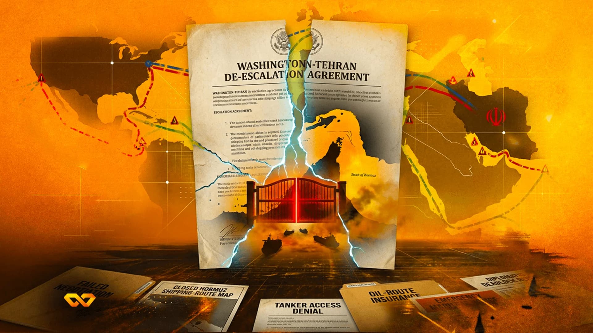 A torn document titled 'Washington-Tehran De-escalation Agreement' over a map of the US and Middle East.