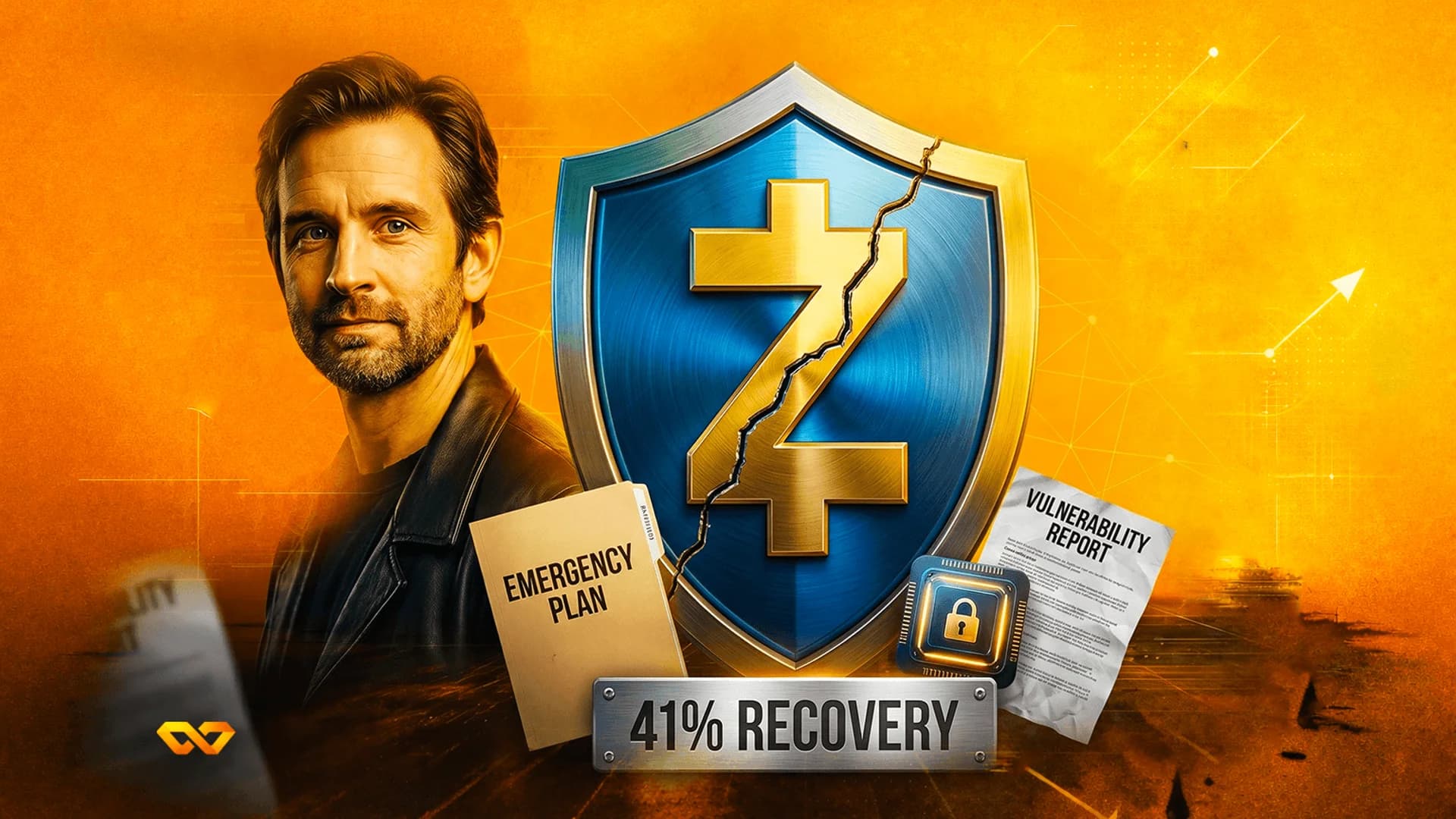 Man's portrait beside a cracked blue shield with a gold Z logo, an emergency plan folder, and a recovery sign.