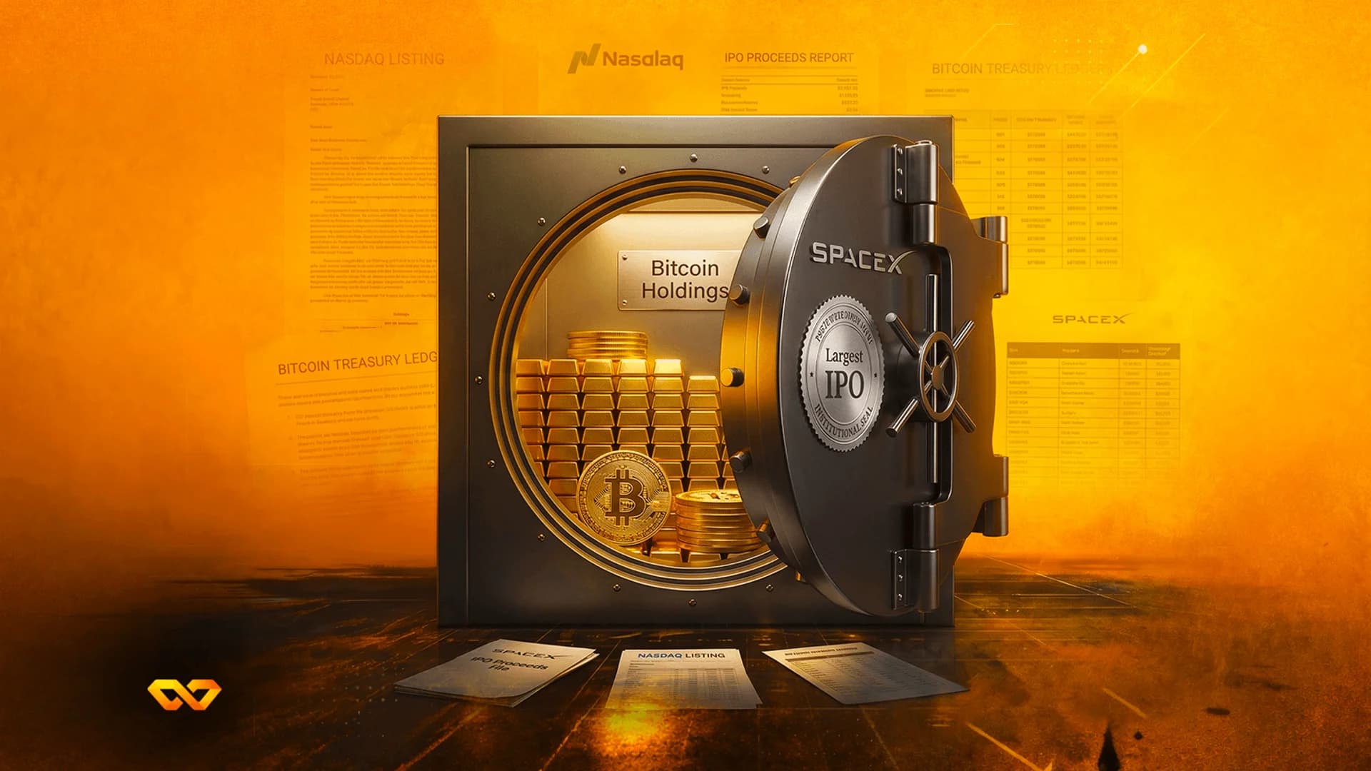 An open metal vault containing gold bars and a Bitcoin coin, surrounded by financial documents and SpaceX logos.
