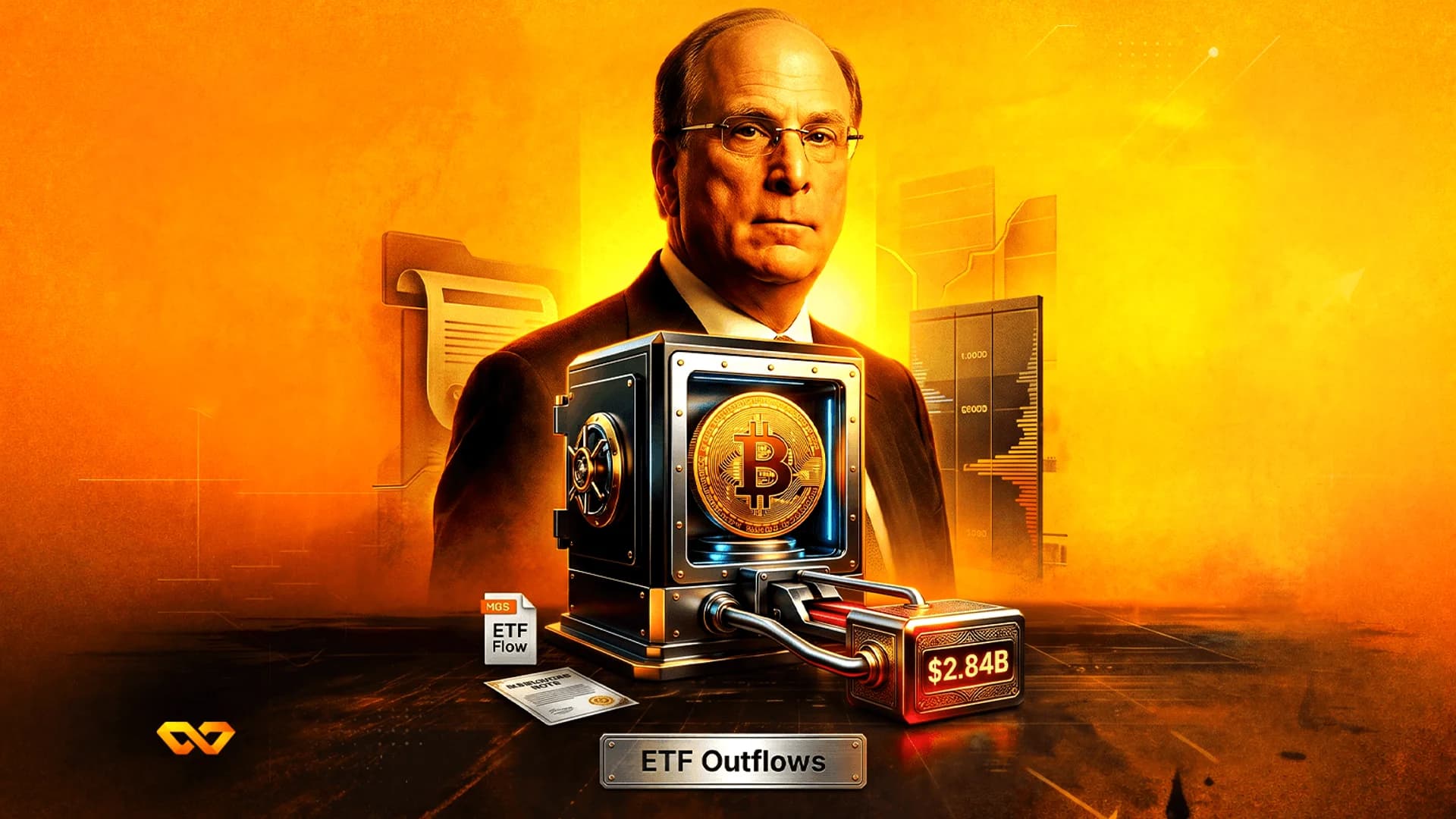 Portrait of a man behind a safe holding a Bitcoin coin, with a plaque labeled ETF Outflows and a $2.84B counter.