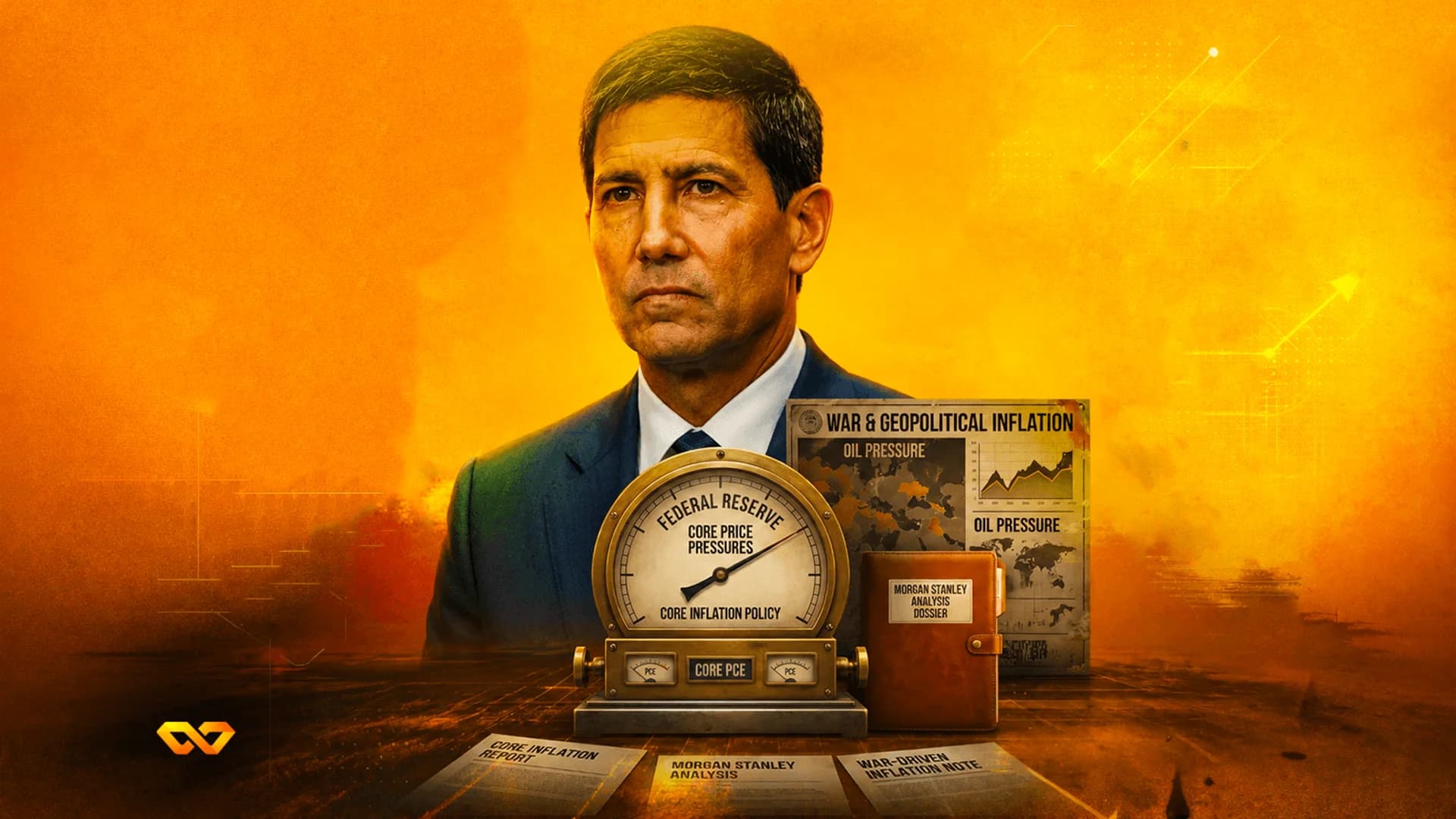 Stylized portrait of a man behind a Federal Reserve inflation gauge and Morgan Stanley dossiers on an orange background.