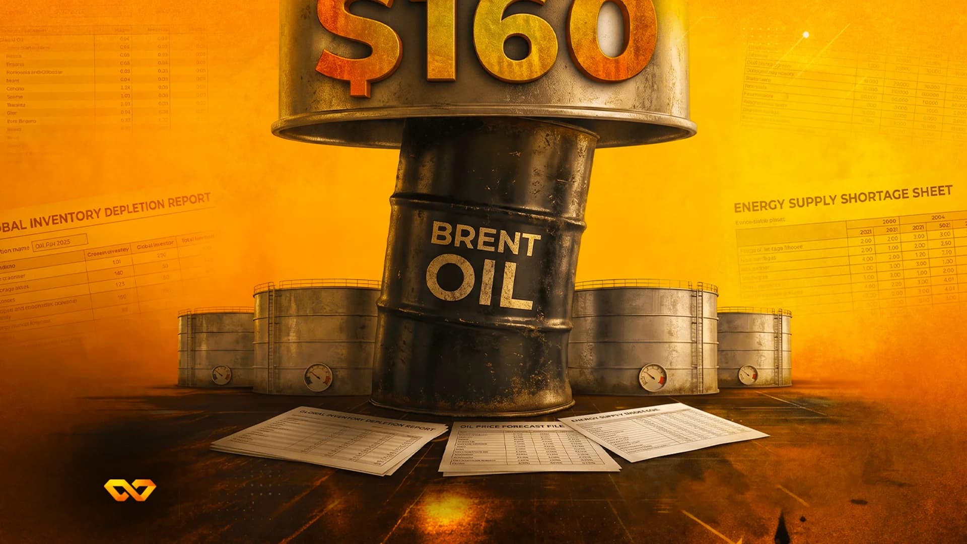 A weathered Brent Oil barrel topped with a large metallic $160 sign, surrounded by storage tanks and reports.