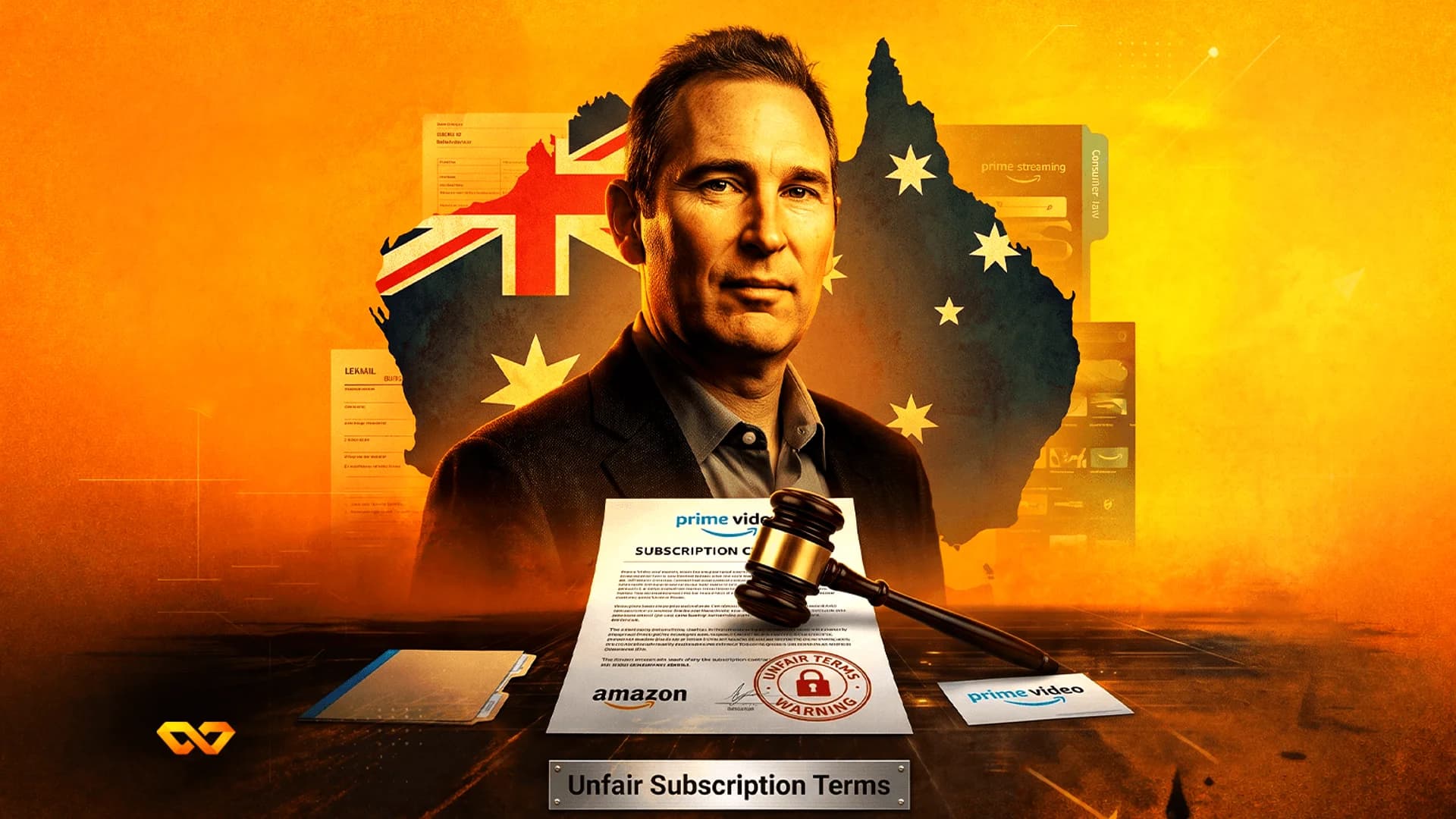 Portrait of a man over an Australian flag map, with an Amazon subscription contract and a judge's gavel.
