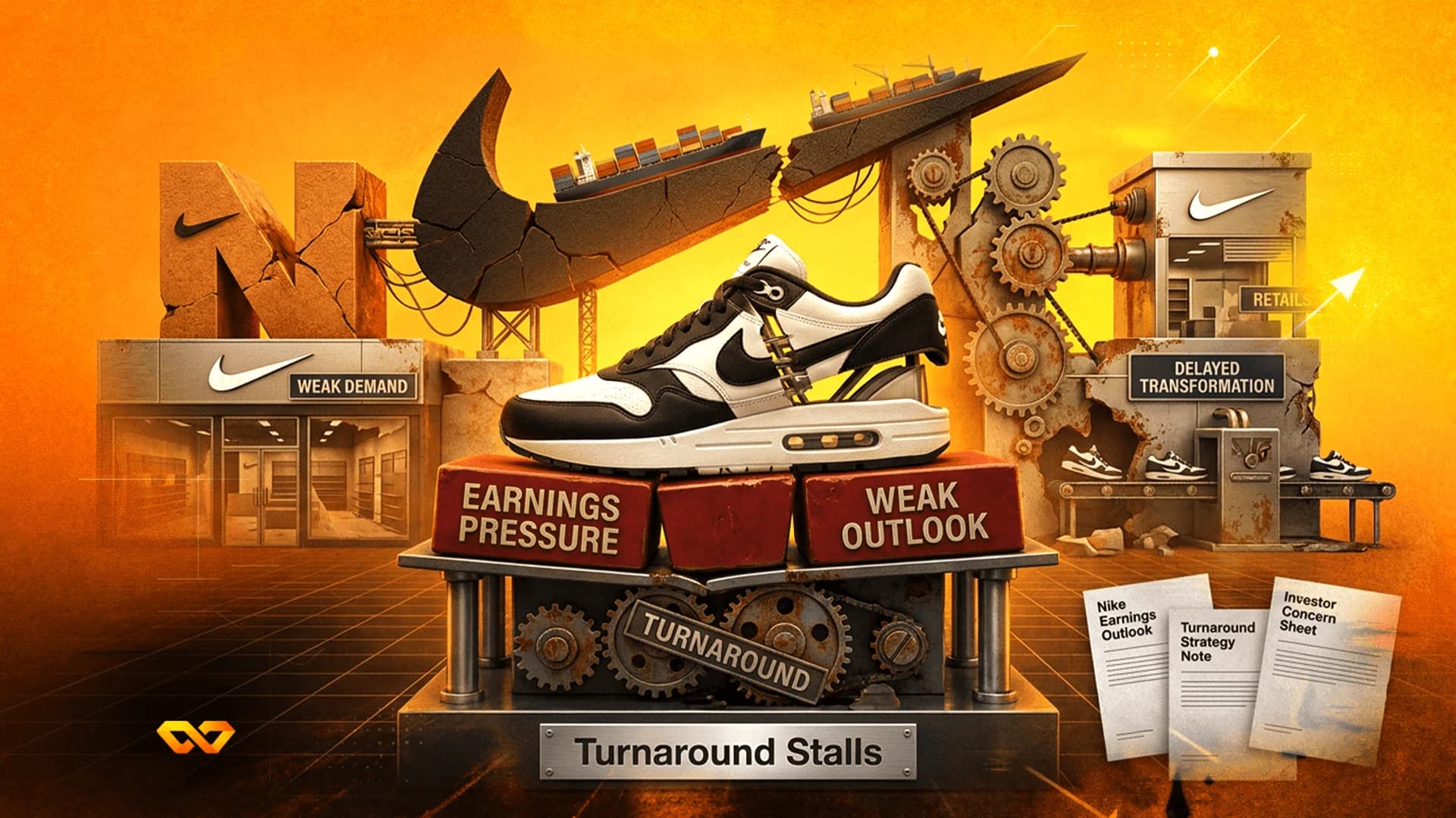 Industrial illustration of a Nike sneaker on bricks labeled earnings pressure, with cracked logos and gears.