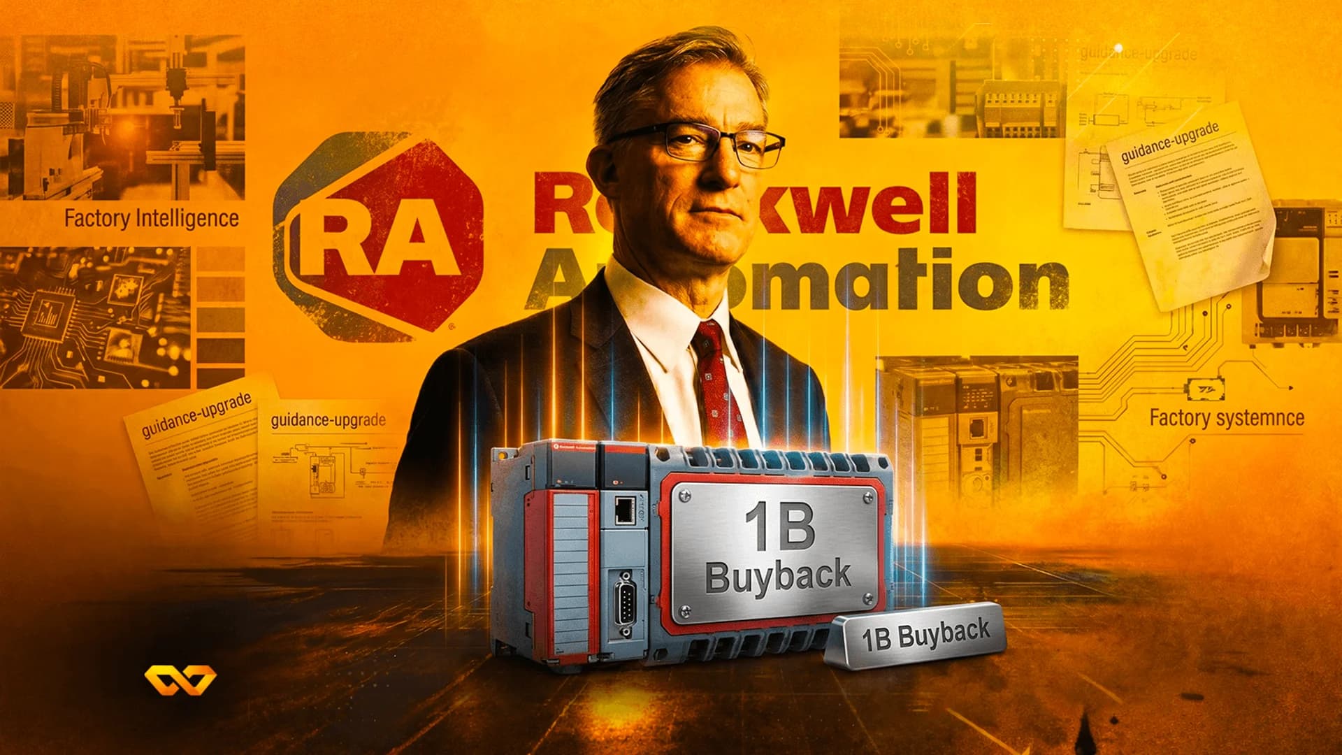 Man in a suit before a Rockwell Automation logo and industrial hardware with '1B Buyback' text on an orange background.