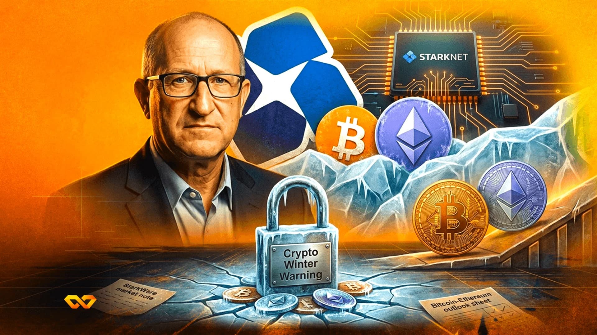 Portrait of a man with glasses next to a Starknet logo, Bitcoin and Ethereum coins, and a frozen padlock.
