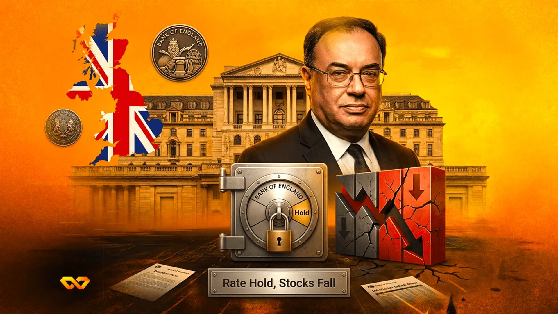 Andrew Bailey in front of the Bank of England with a UK map, a locked safe, and falling stock market arrows.