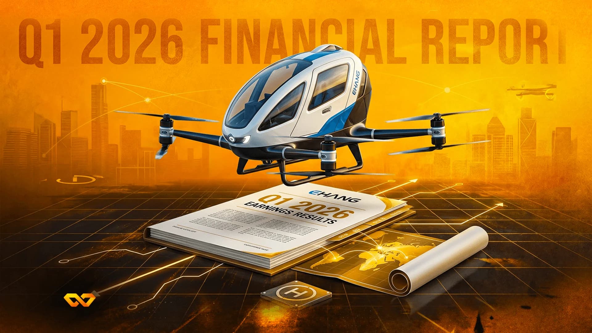 EHang passenger drone hovering over a Q1 2026 earnings report document against a golden cityscape background.