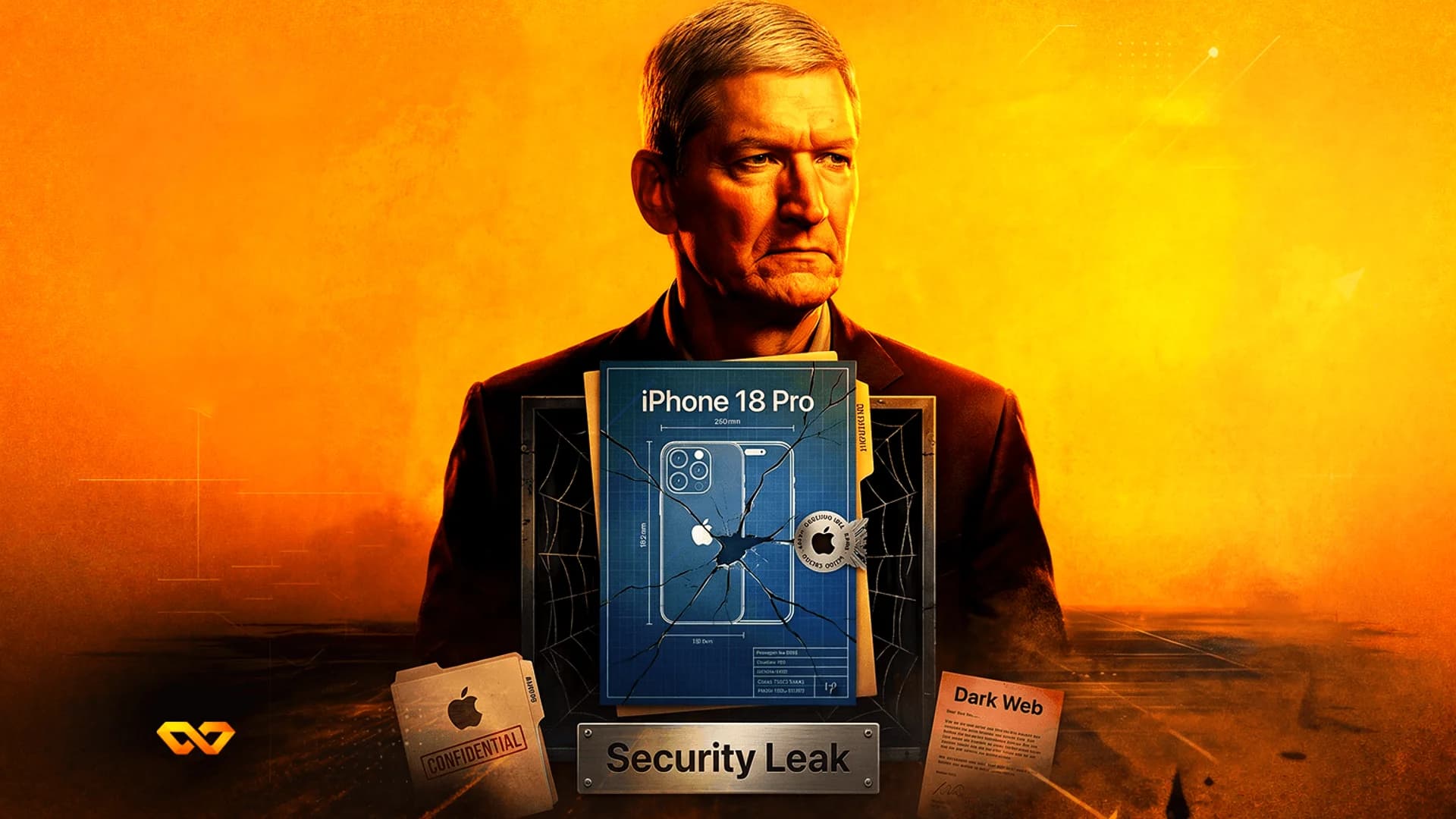 Illustration of Tim Cook with an iPhone 18 Pro blueprint, a confidential folder, and a security leak plaque.