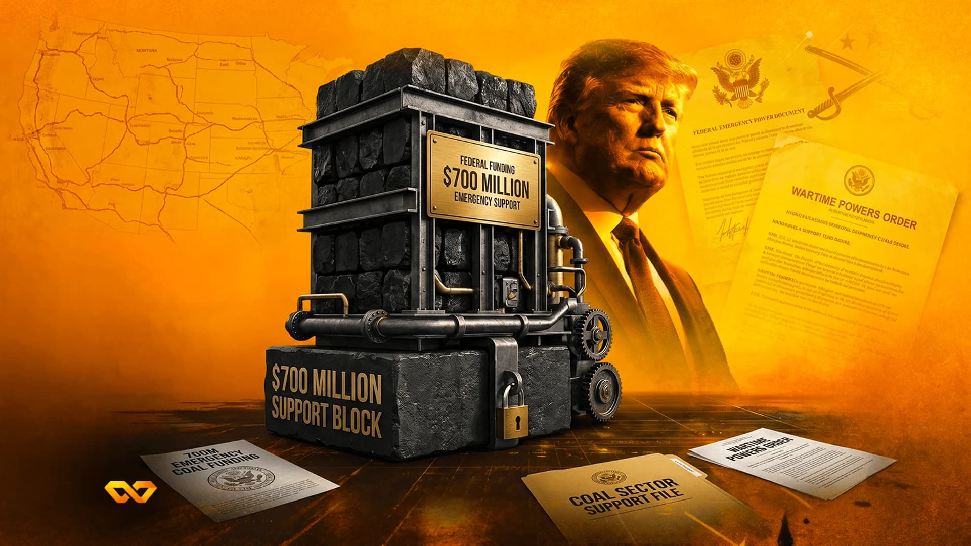 Portrait of Donald Trump beside a large block of coal in a metal frame labeled '$700 Million Support Block' with documents.
