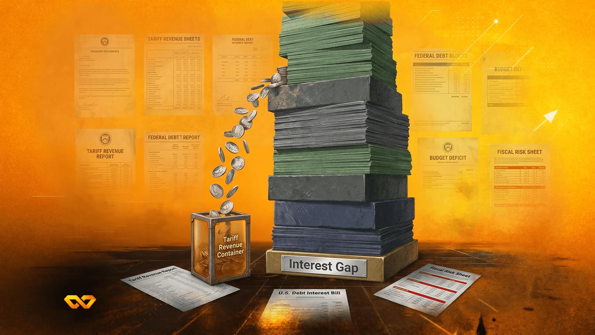 Coins falling from a stack of blocks into a container labeled Tariff Revenue Container, with financial documents.