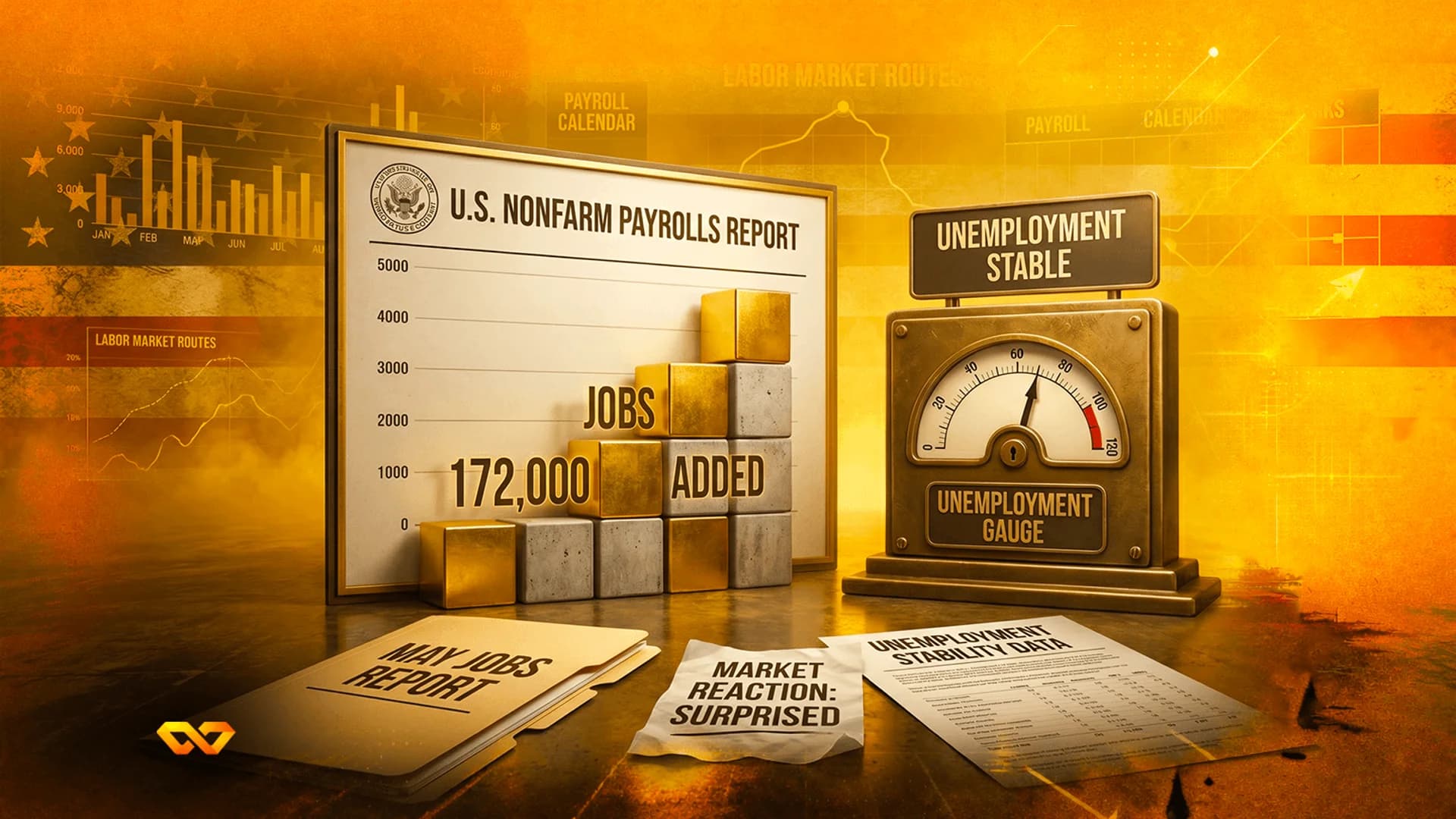3D illustration of a U.S. Nonfarm Payrolls report chart showing 172,000 jobs added next to an unemployment gauge.