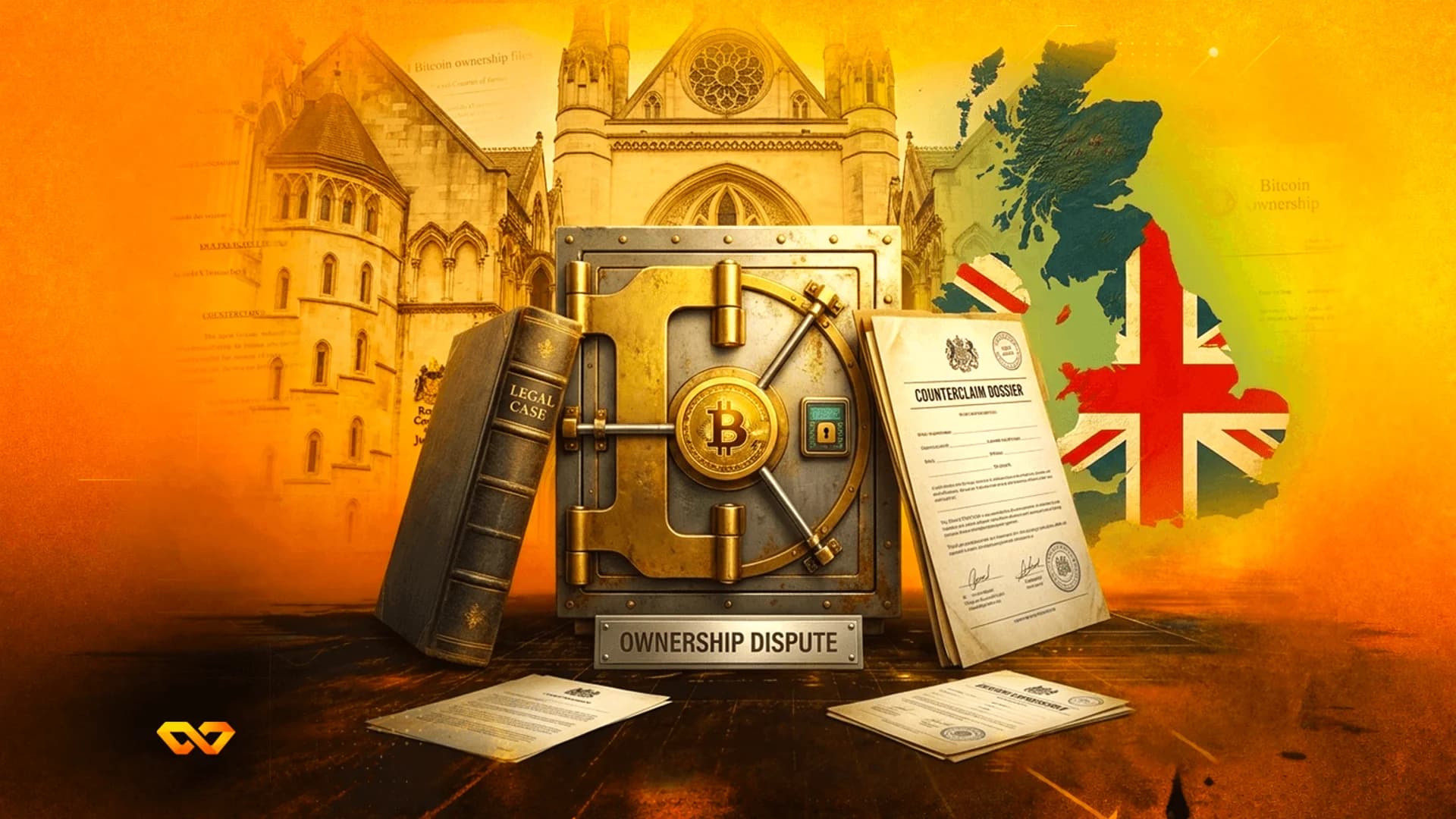 A gold safe with a Bitcoin logo, a 'Legal Case' book, and legal documents in front of a UK court building.