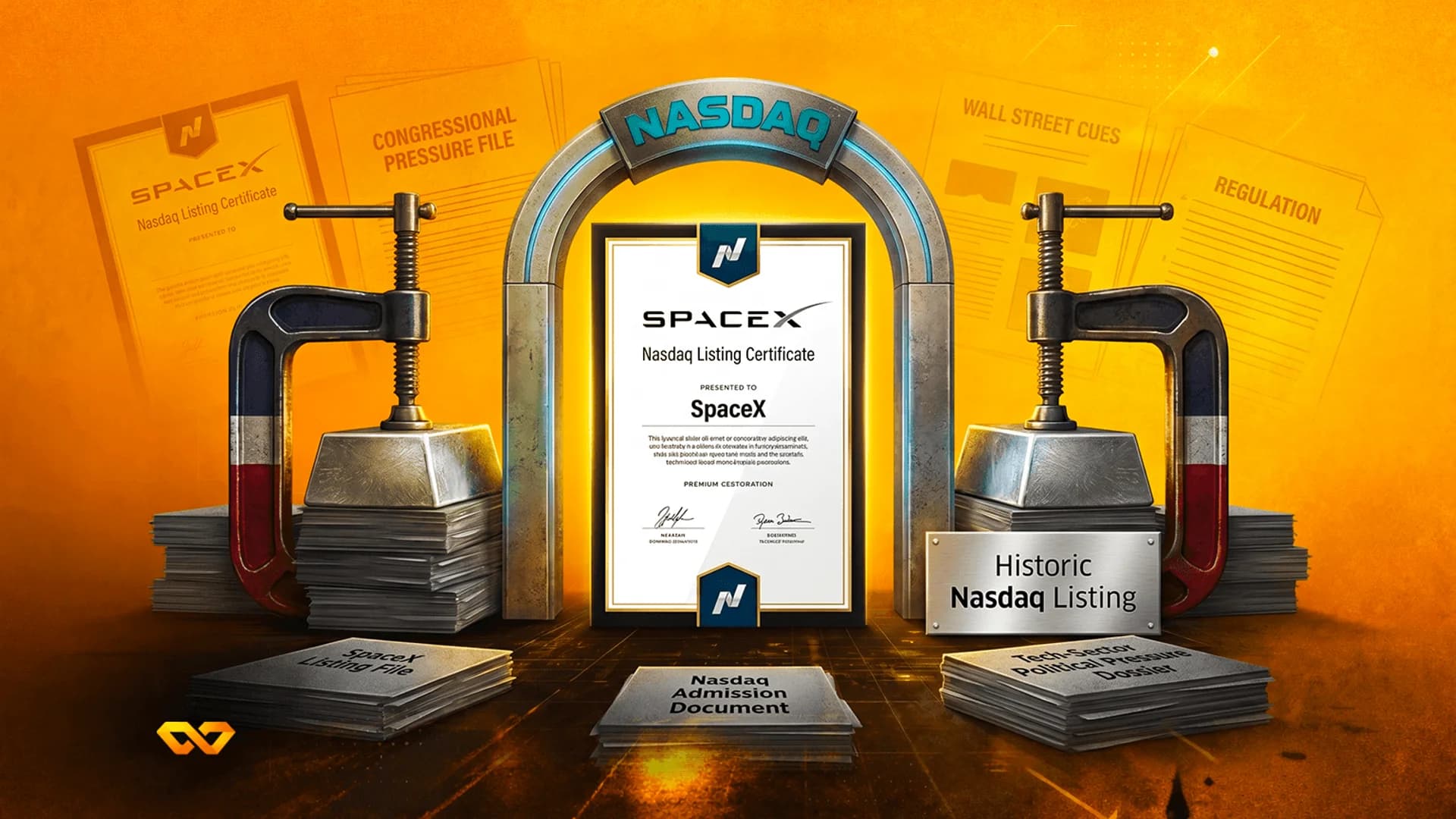 SpaceX Nasdaq Listing Certificate under a Nasdaq arch, with heavy clamps pressing on stacks of regulatory documents.