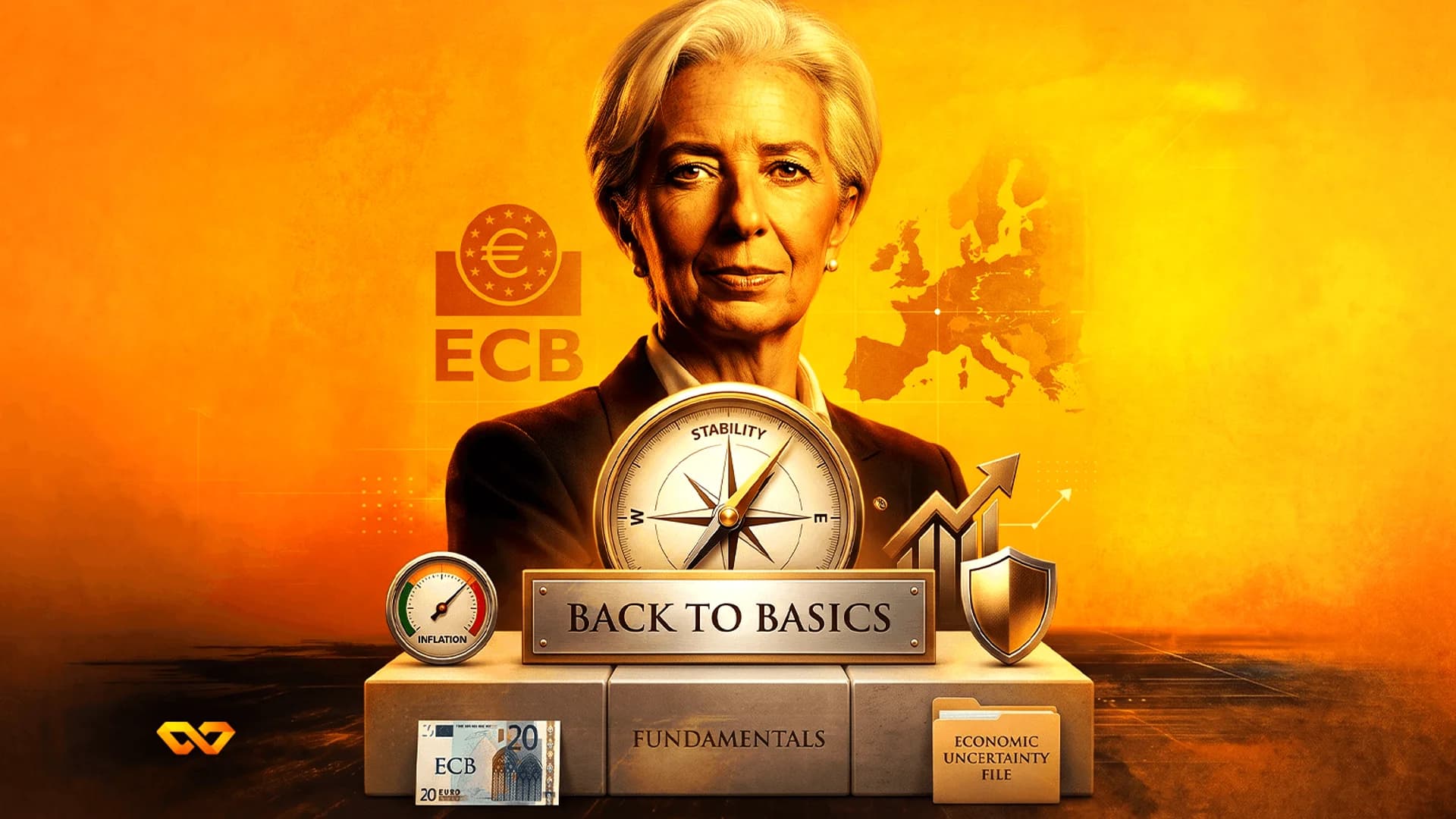 Portrait of Christine Lagarde against an orange background with ECB logo, a compass, and a 20 Euro note.