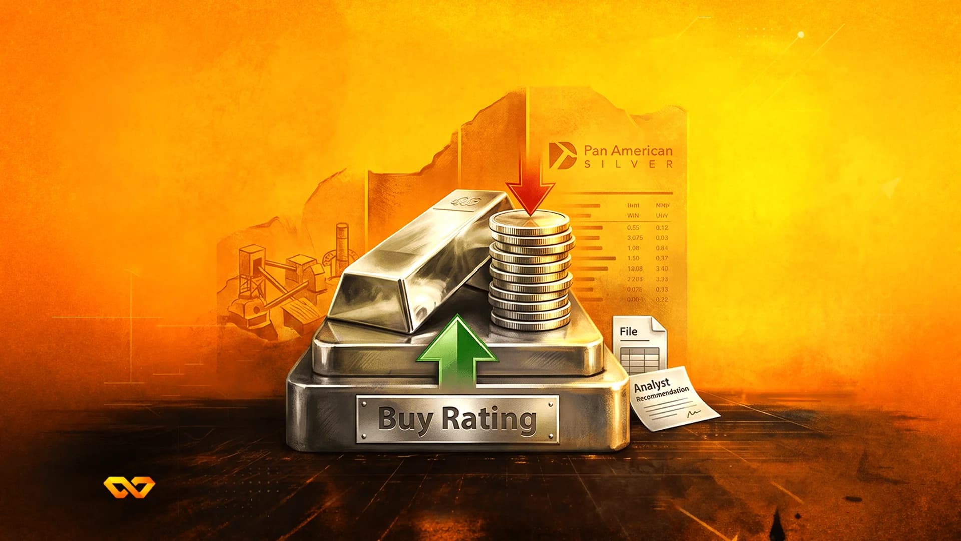 Silver bars and coins on a base labeled 'Buy Rating' with a Pan American Silver logo in the background.