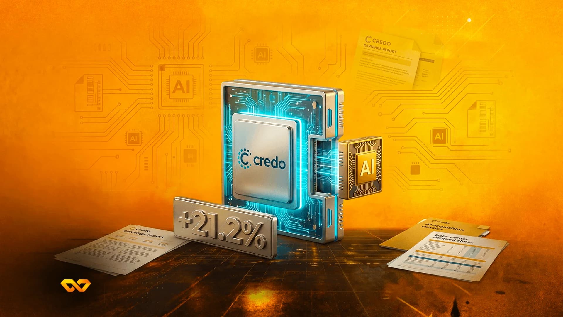 A computer chip with the Credo logo next to a +21.2% sign and documents labeled earnings report on an orange background.