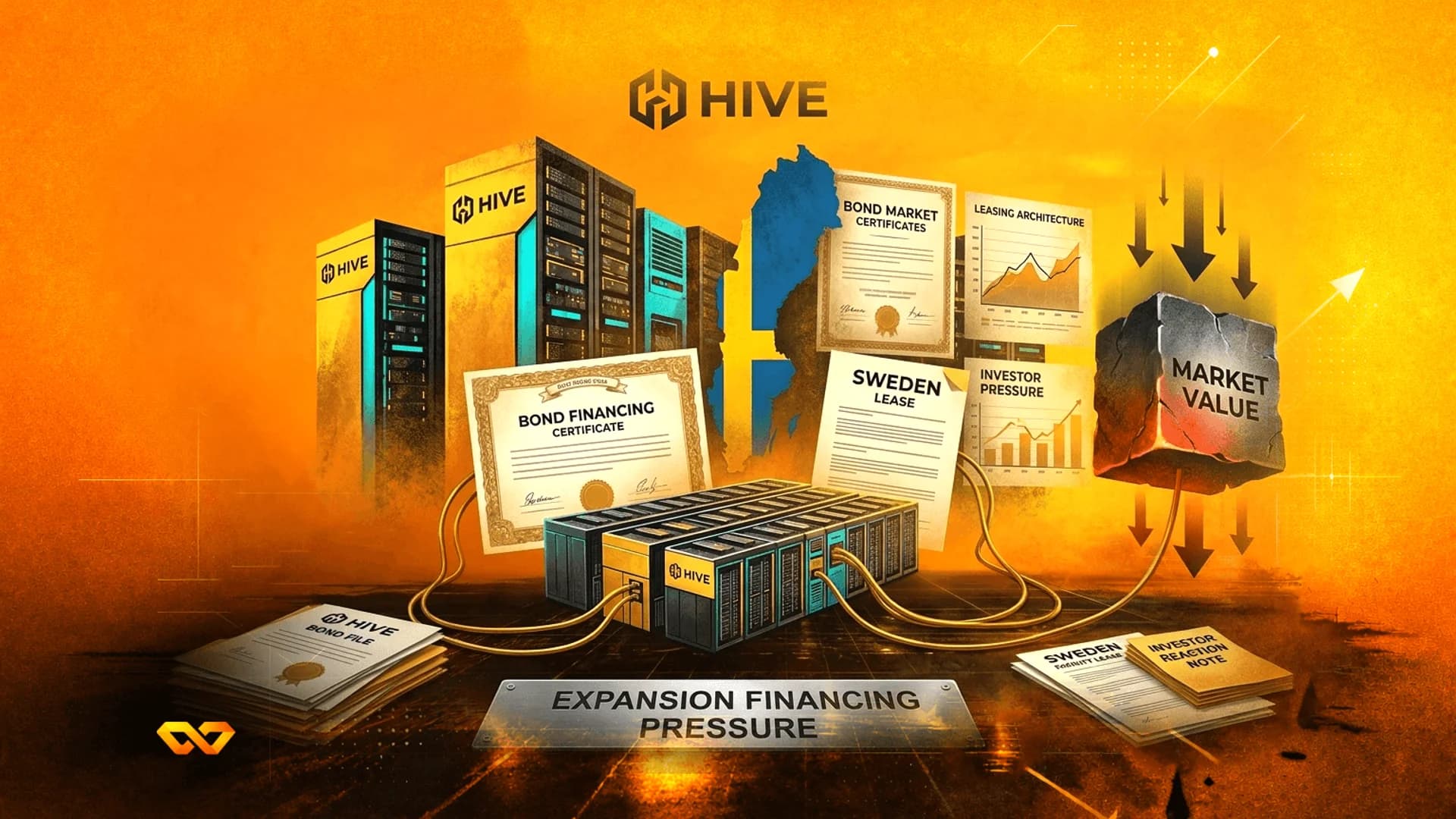 Illustration of HIVE server racks, bond certificates, a map of Sweden, and a heavy stone labeled market value.