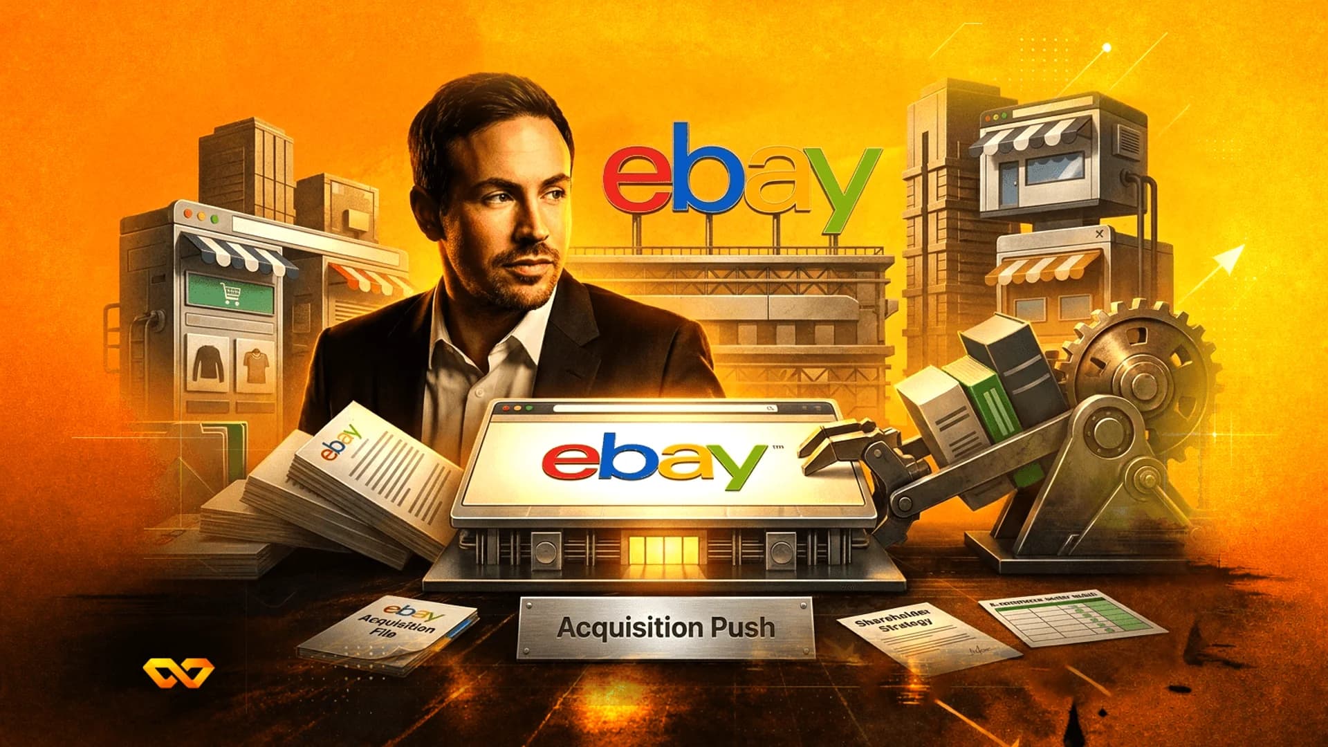Illustration of a man in a suit with eBay logos, e-commerce shop icons, and documents on a desk.