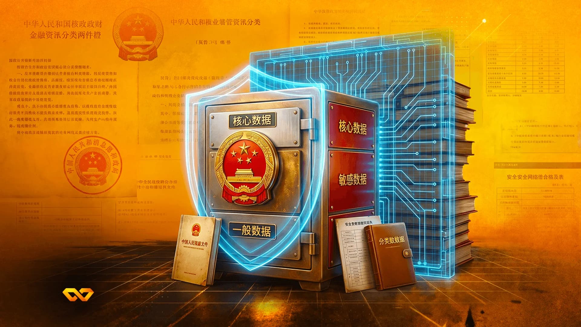 Illustration of a safe with the Chinese national emblem, a digital shield, and documents on data classification.