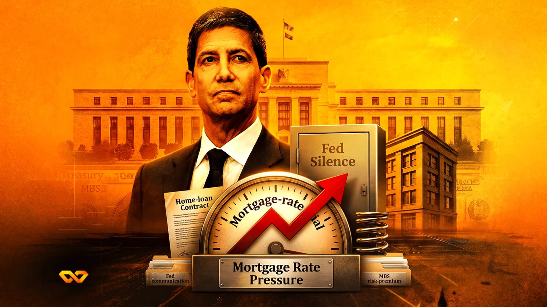Collage of a man in a suit, the Federal Reserve building, and a rising mortgage rate gauge on an orange background.