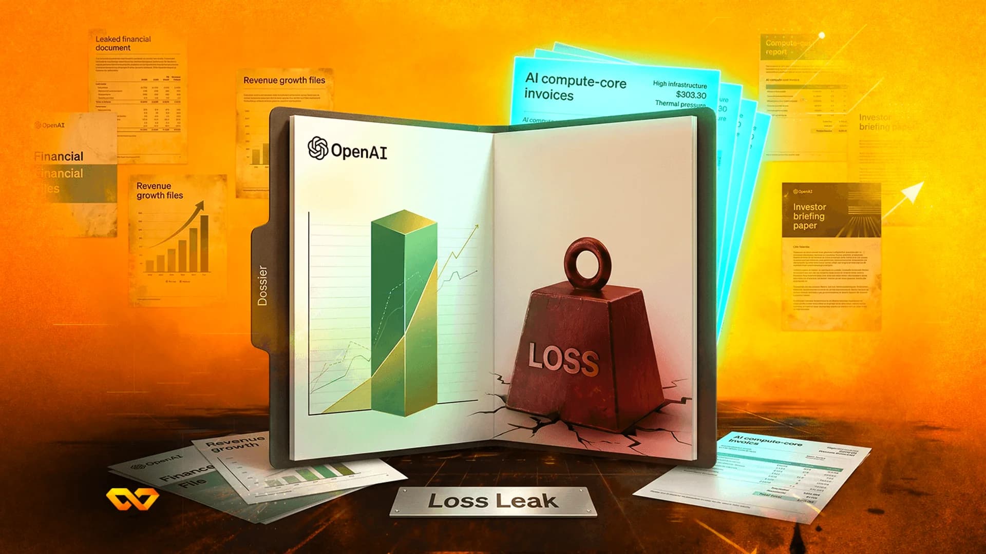 ملف مفتوح يحمل شعار OpenAI يحتوي على رسم بياني وثقل مكتوب عليه 'LOSS' يكسر الورقة.