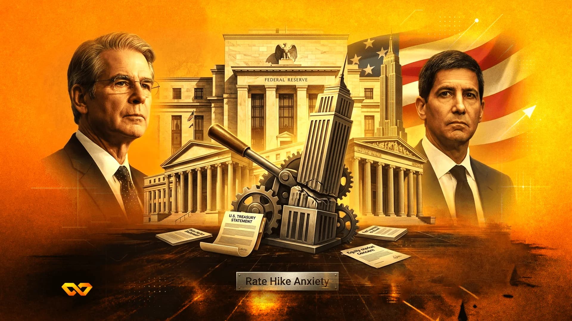 Portraits of two men flanking the Federal Reserve building with gears, a lever, and a US flag on an orange background.