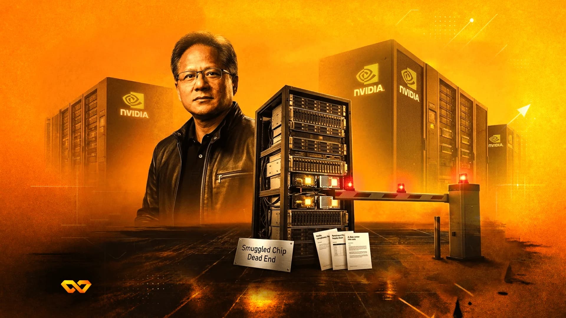 Portrait of Jensen Huang next to NVIDIA server racks and a security barrier with a 'Smuggled Chip' sign.