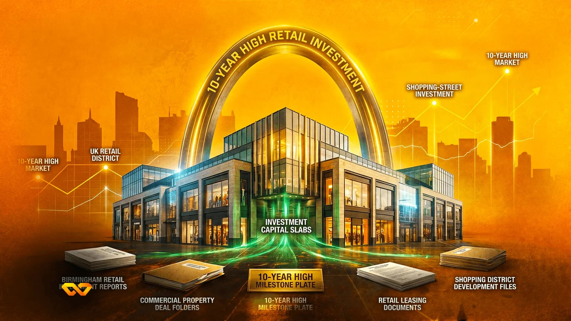 Golden-toned illustration of a modern retail building under a large arch with financial charts and document folders.